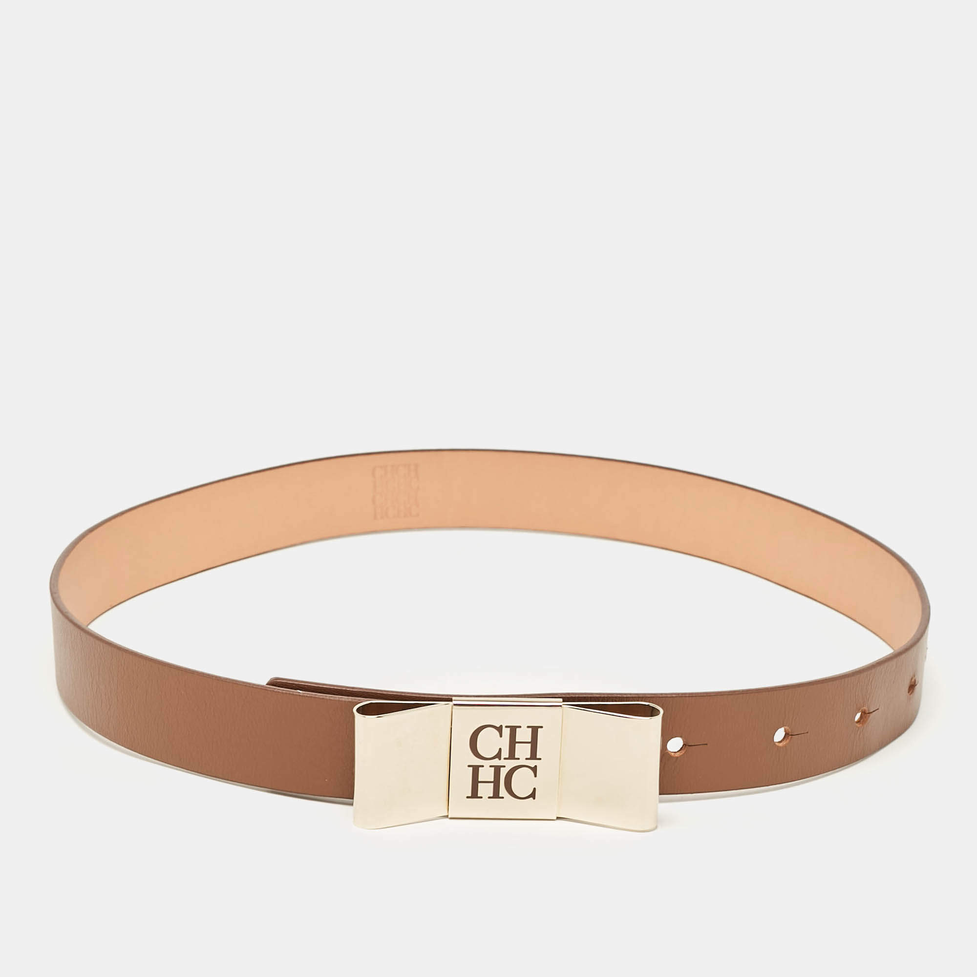 مملوكة مسبقًا CH Carolina Herrera Brown Leather Metal Bow Buckle Belt 75 CM