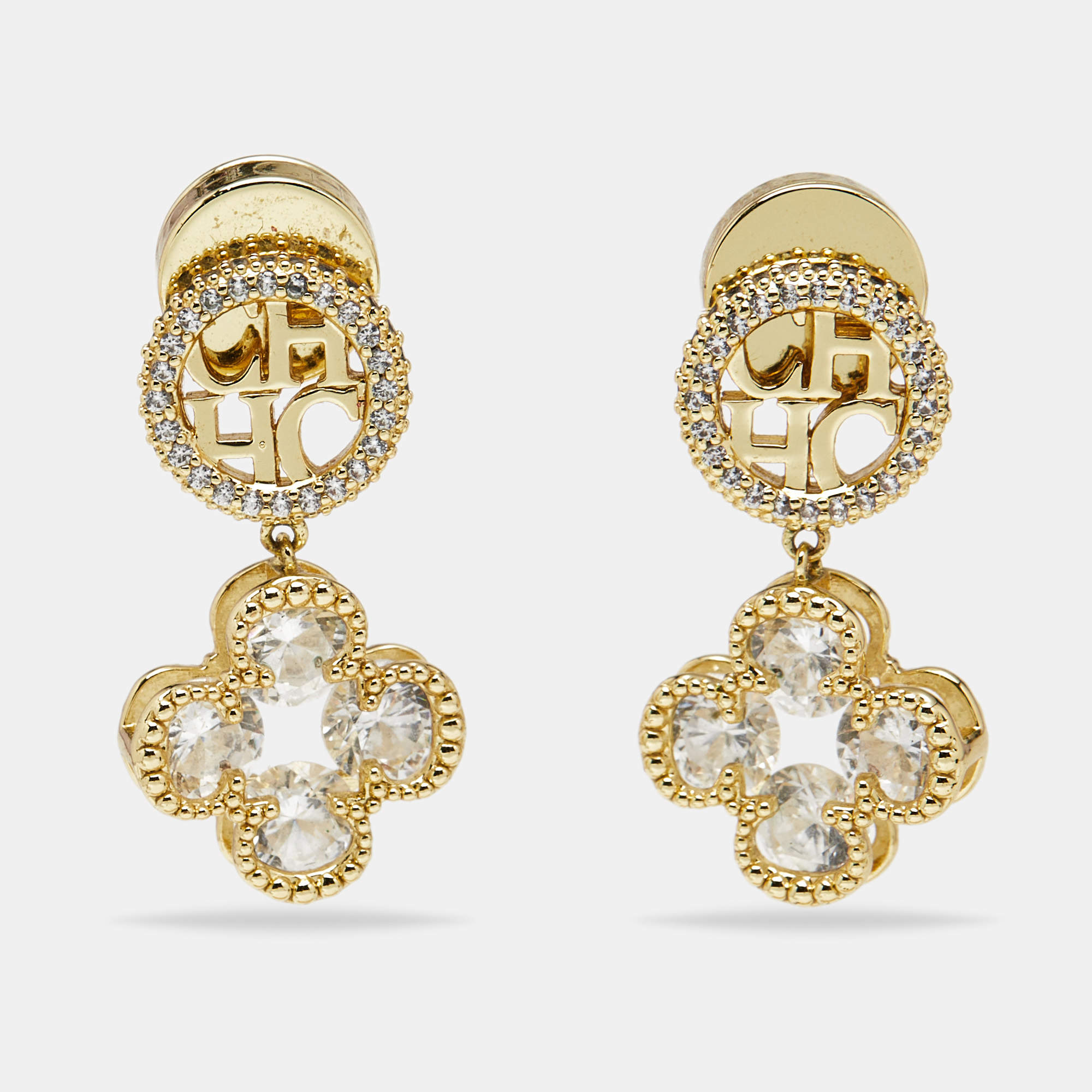 Pre Owned Carolina Herrera CH Crystals Gold Tone Earrings