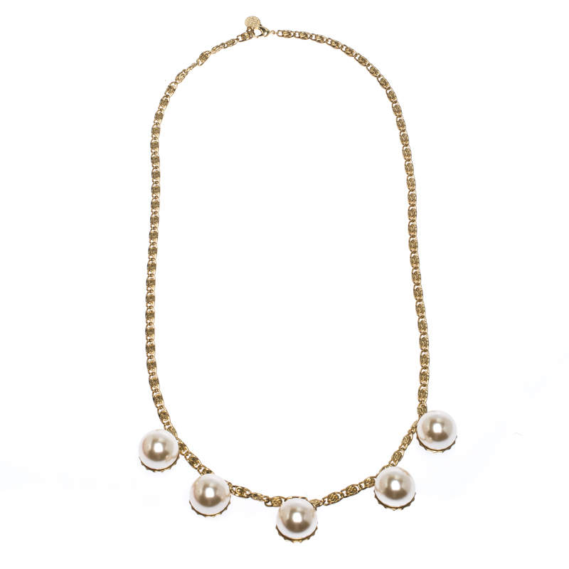 CH Carolina Herrera Faux Pearl Gold Tone Long Chain Link Necklace