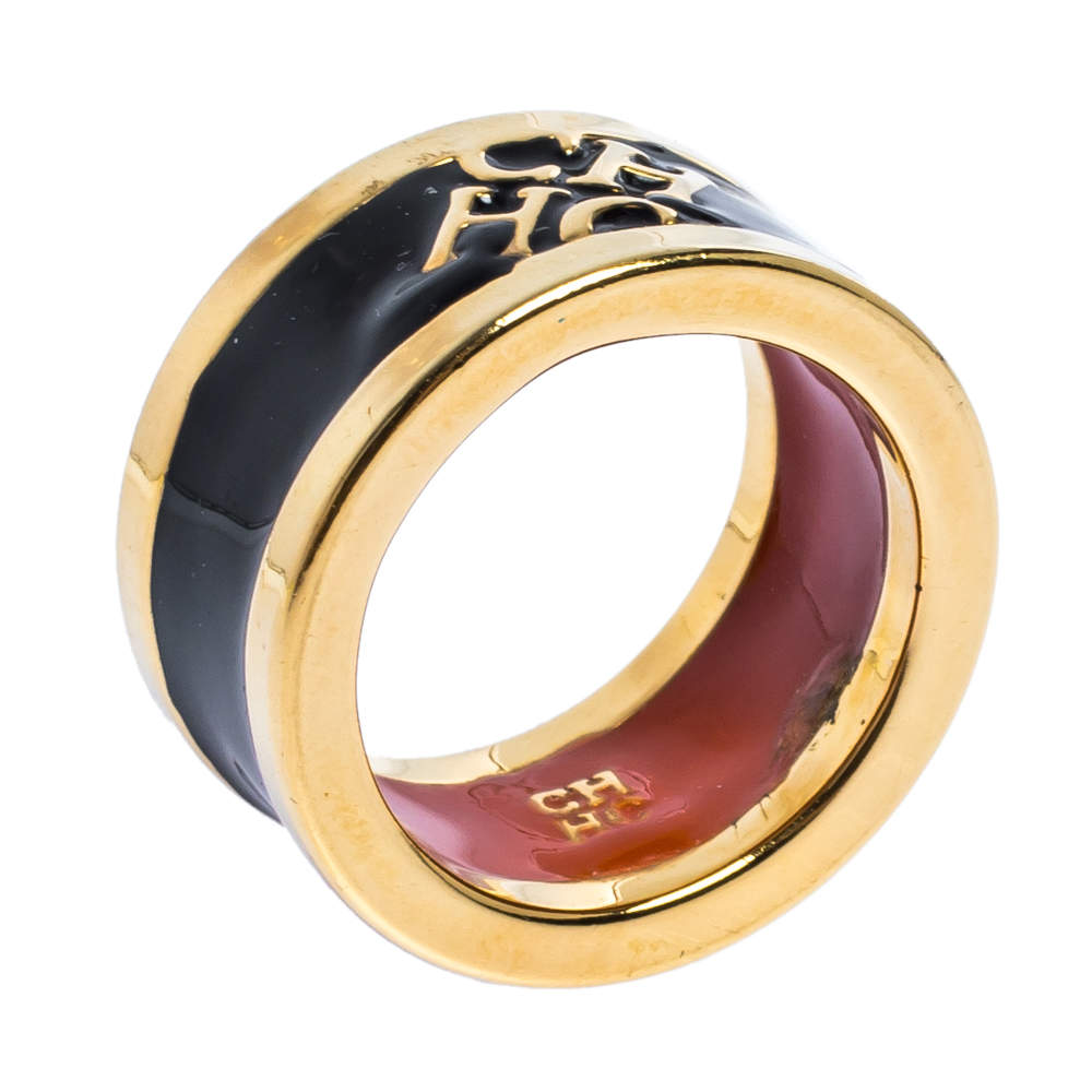 Pre Owned CH Carolina Herrera Black Enamel Gold Tone Band Ring EU 55