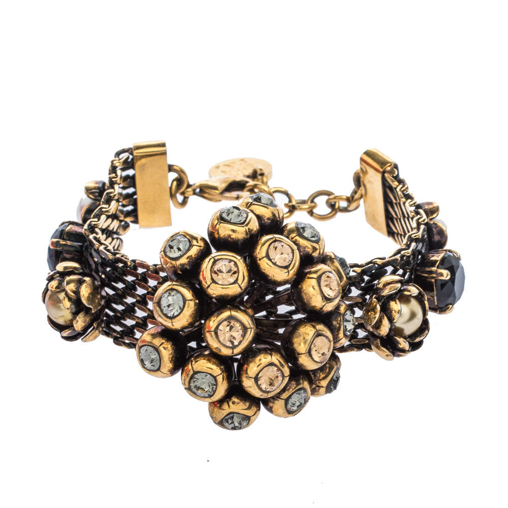 CH Carolina Herrera Crystal Faux Pearl Embellished Gold Tone Statement Bracelet