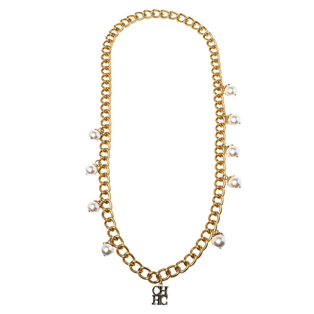 Carolina Herrera Faux Pearl Long Chain Link Necklace
