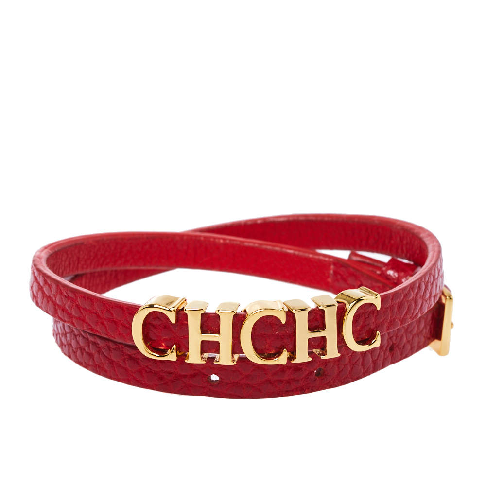Pre Owned Carolina Herrera CH Logo Red Leather Gold Tone Double Wrap Bracelet