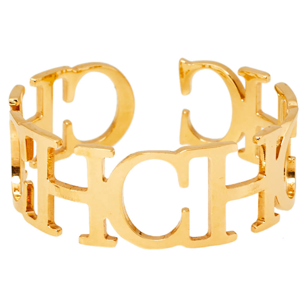 Pre Owned CH Carolina Herrera Logo Gold Tone Open Cuff Bracelet