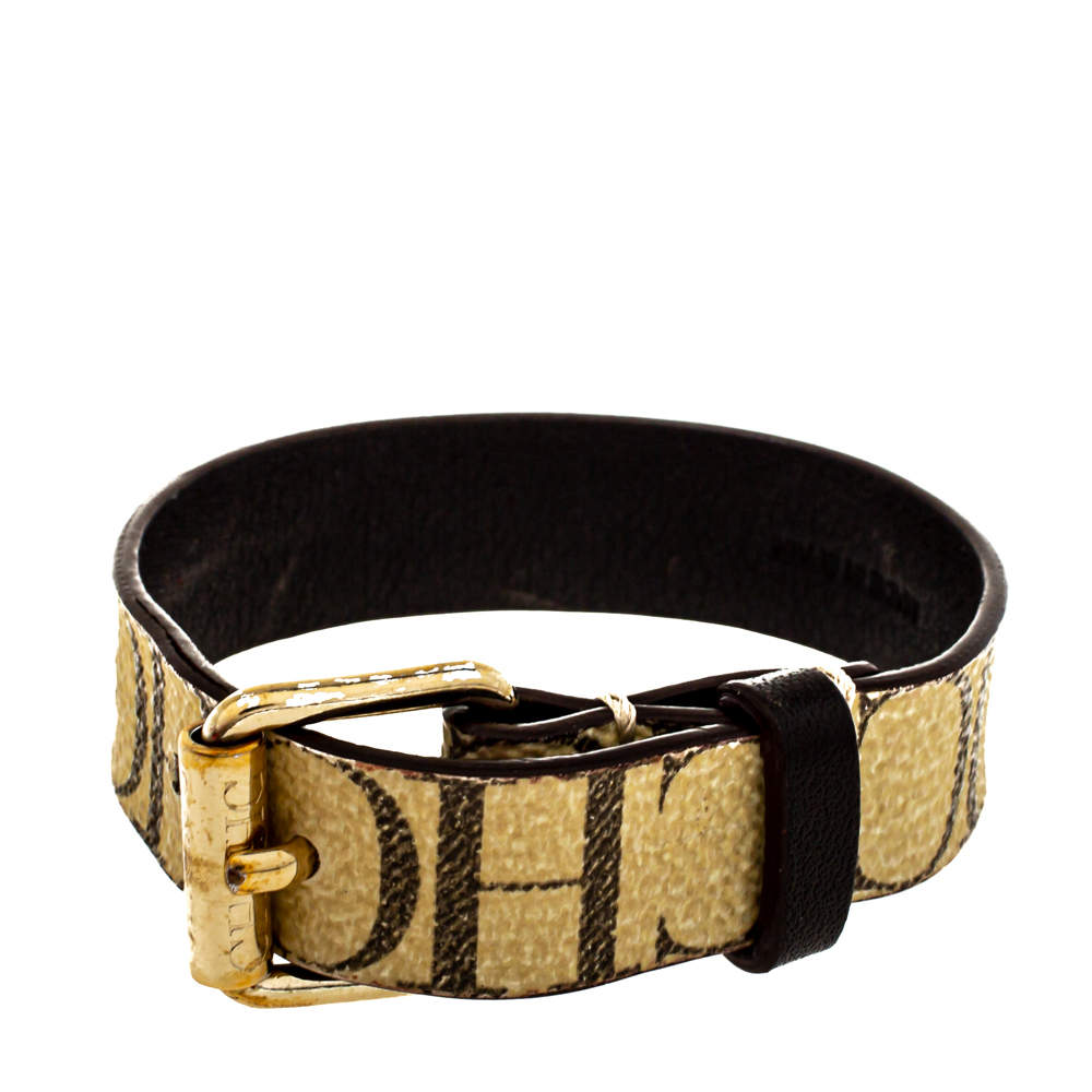 CH Carolina Herrera Beige Monogram Print Leather Bracelet