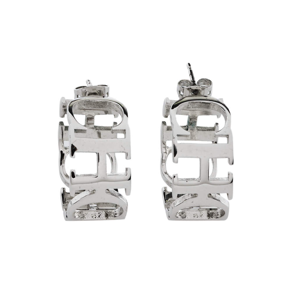 Pre Owned CH Carolina Herrera Logo Silver Tone Hoop Earrings
