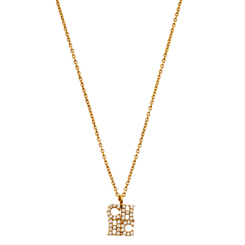 Pre Owned CH Carolina Herrera Crystal Logo Pendant Gold Tone Necklace