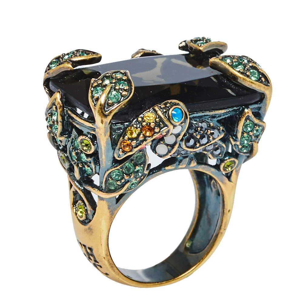 Pre Owned CH Carolina Herrera Gold Tone Crystal Toucan Statement Ring Size EU 55