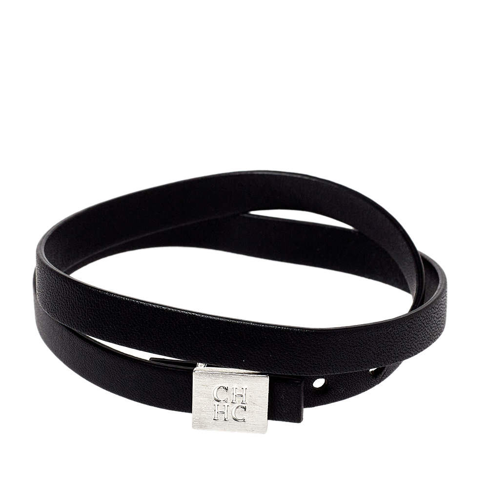 CH Carolina Herrera Black Leather Let it Glow Double Loop Bracelet CH