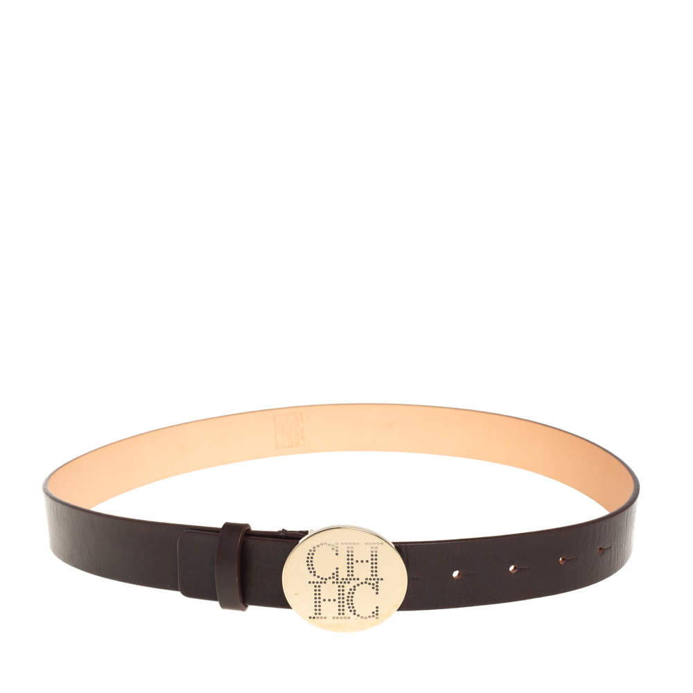 Pre Owned Carolina Herrera Dark Brown Leather Round Logo Buckle Belt 80CM