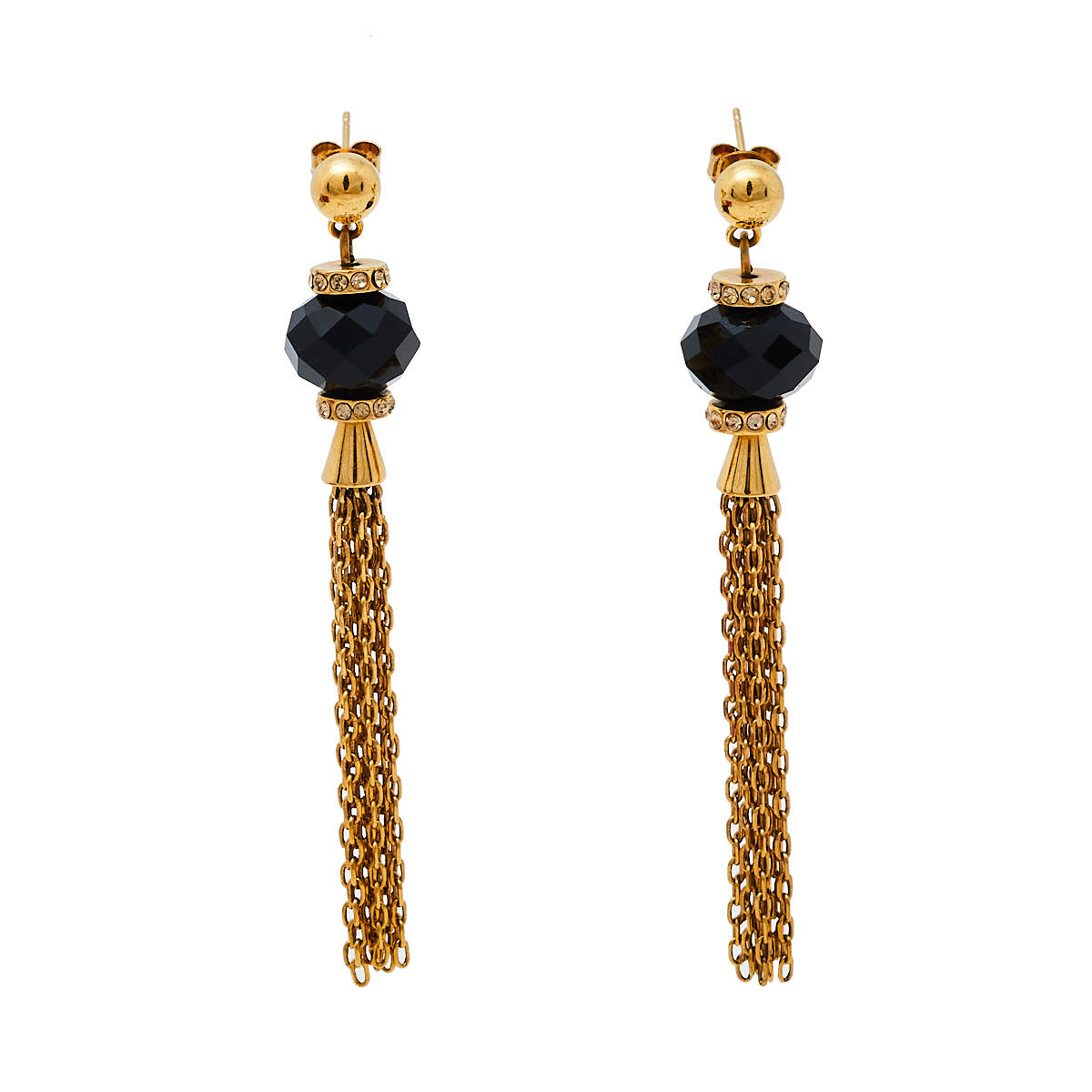 Carolina Herrera Black Beaded Crystal Chain Tassel Earrings