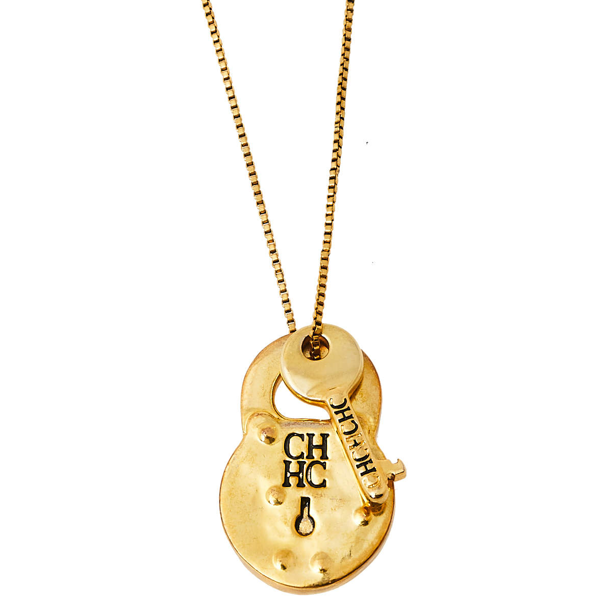 CH Carolina Herrera Vintage Gold Tone Lock & Key Pendant Chain Necklace