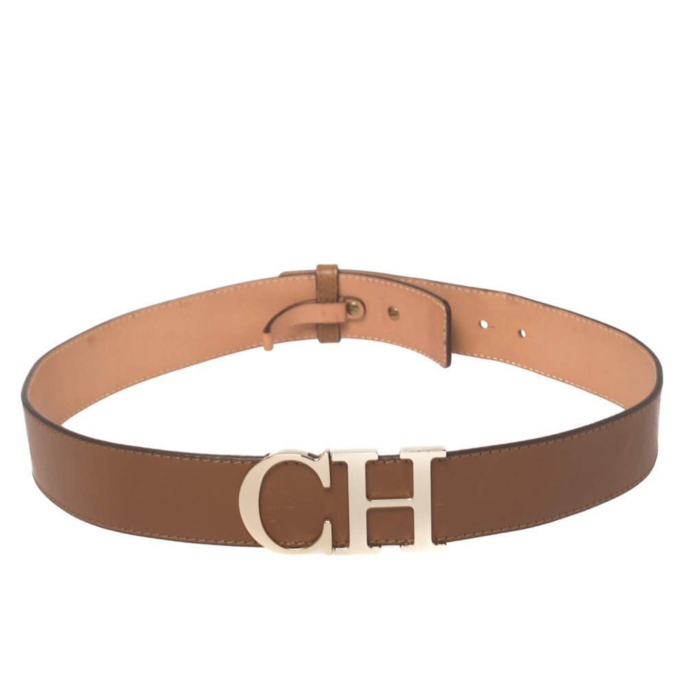 CH Carolina Herrera Brown Leather CH Logo Waist Belt 80CM
