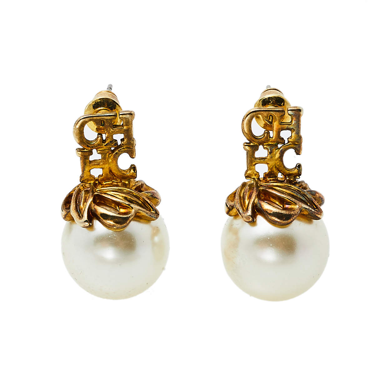 CH Carolina Herrera Logo Faux Pearl Gold Tone Stud Earrings