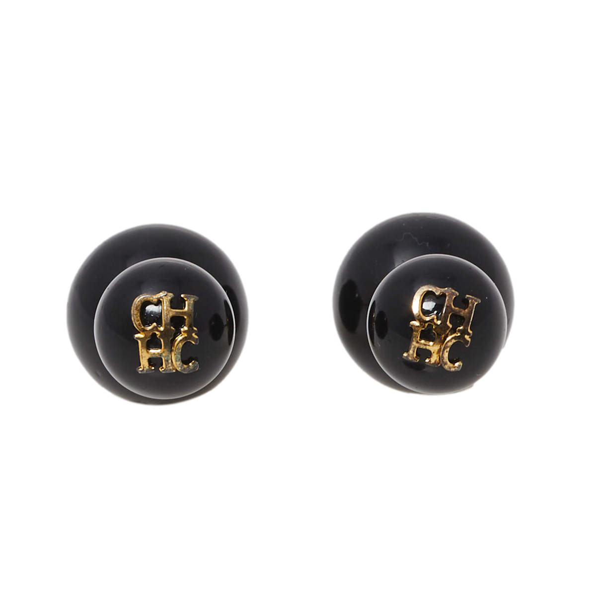 Pre Owned CH Carolina Herrera Black Enamel Gold Tone Stud Earrings