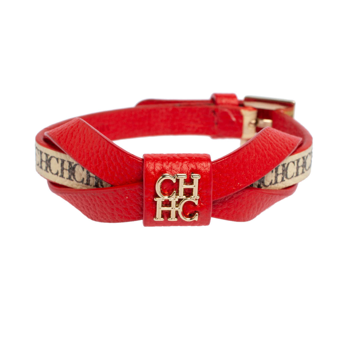 Pre Owned CH Carolina Herrera Red/Beige Monogram Canvas and Leather Ribbon Bracelet