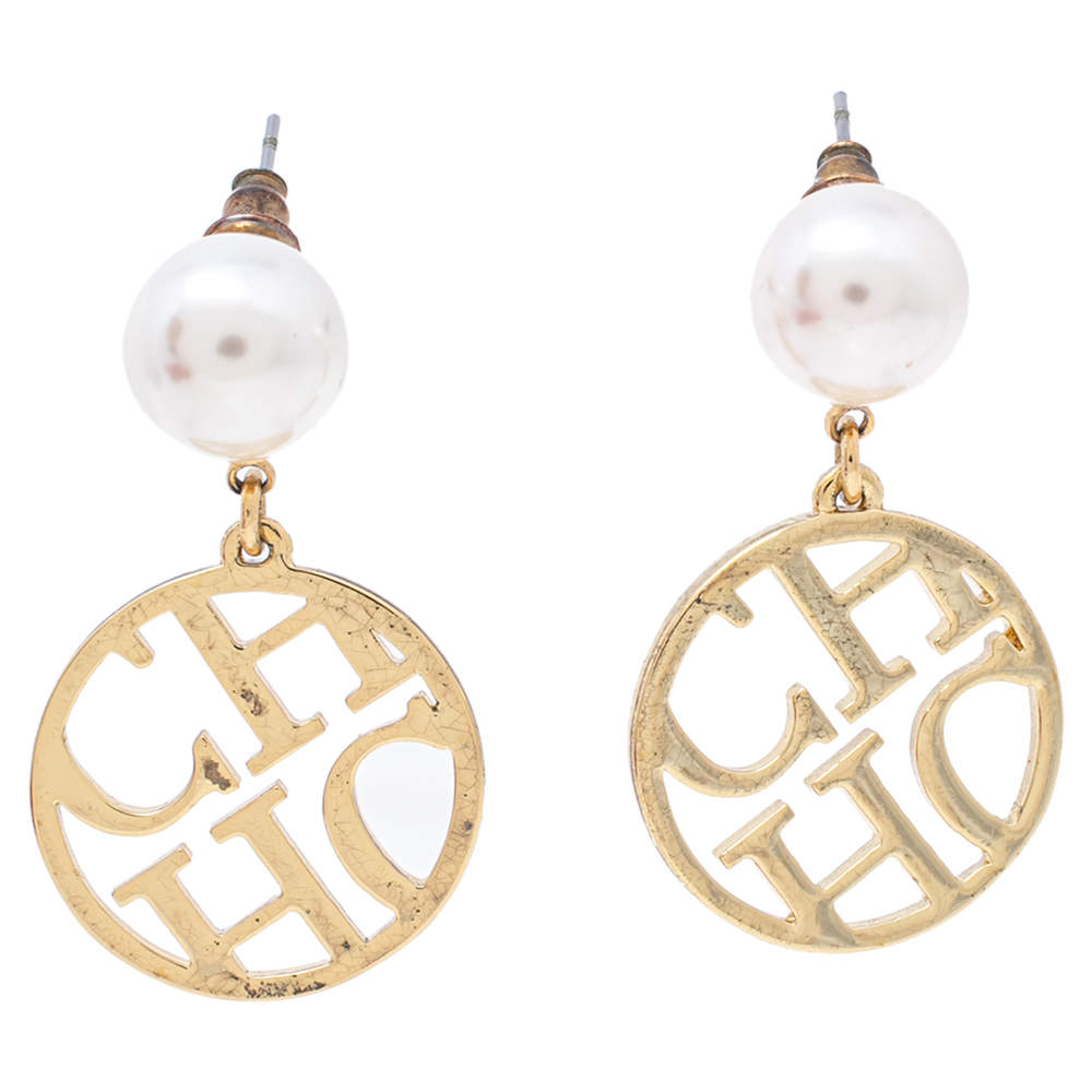Pre Owned CH Carolina Herrera Gold Tone Logo Drop Earrings