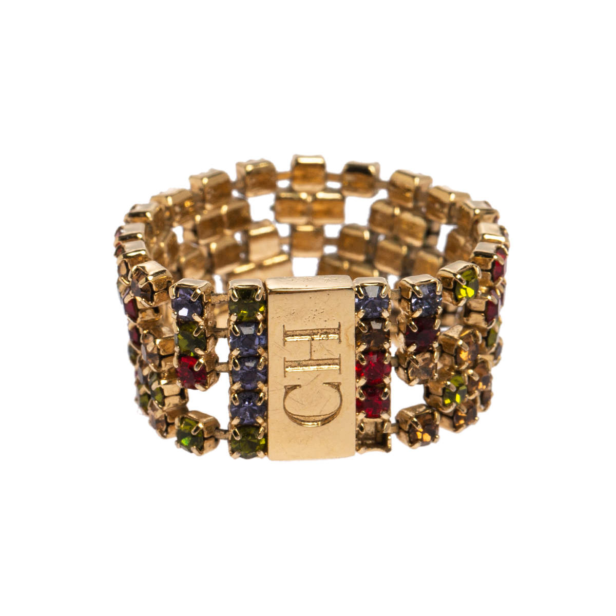 CH Carolina Herrera Multicolor Crystal Gold Tone Mesh Ring Size EU 60