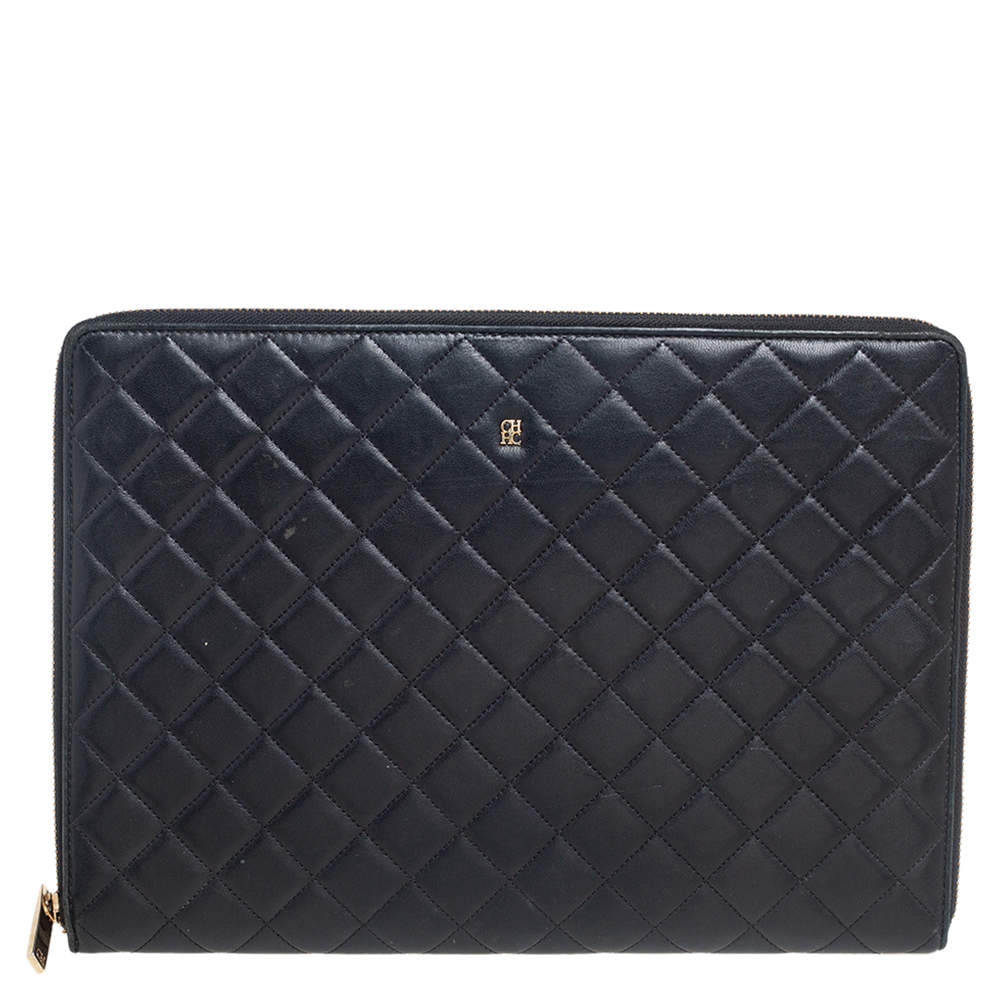 Pre Owned CH Carolina Herrera Black Quilted Leather Zip Around Document Case
