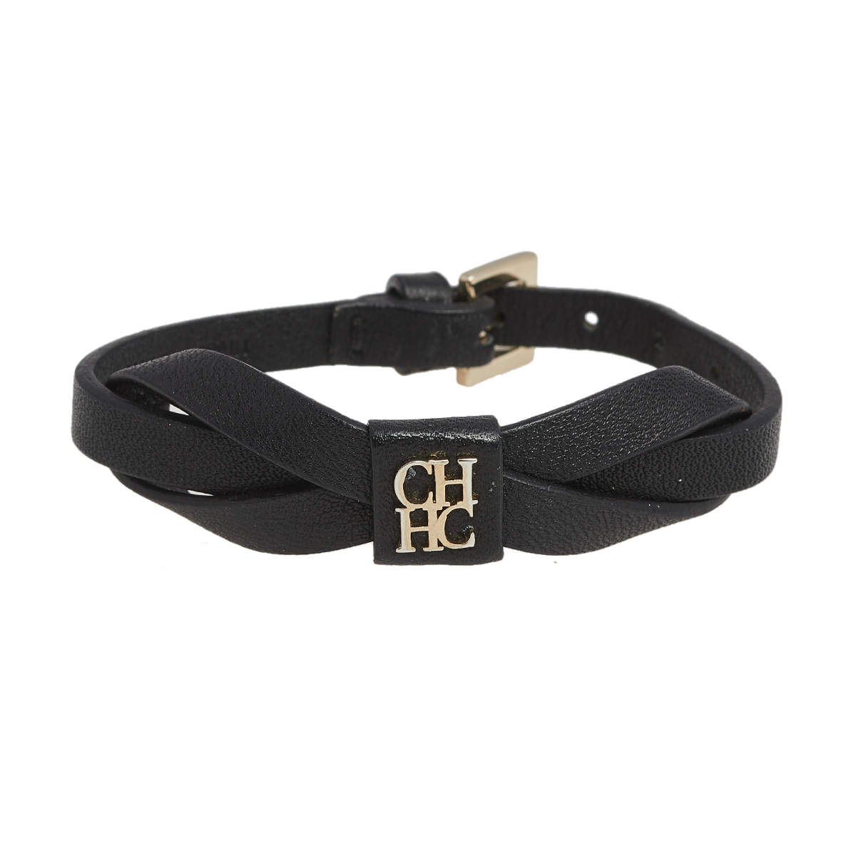 Pre Owned CH Carolina Herrera Black Leather Ribbon Bracelet