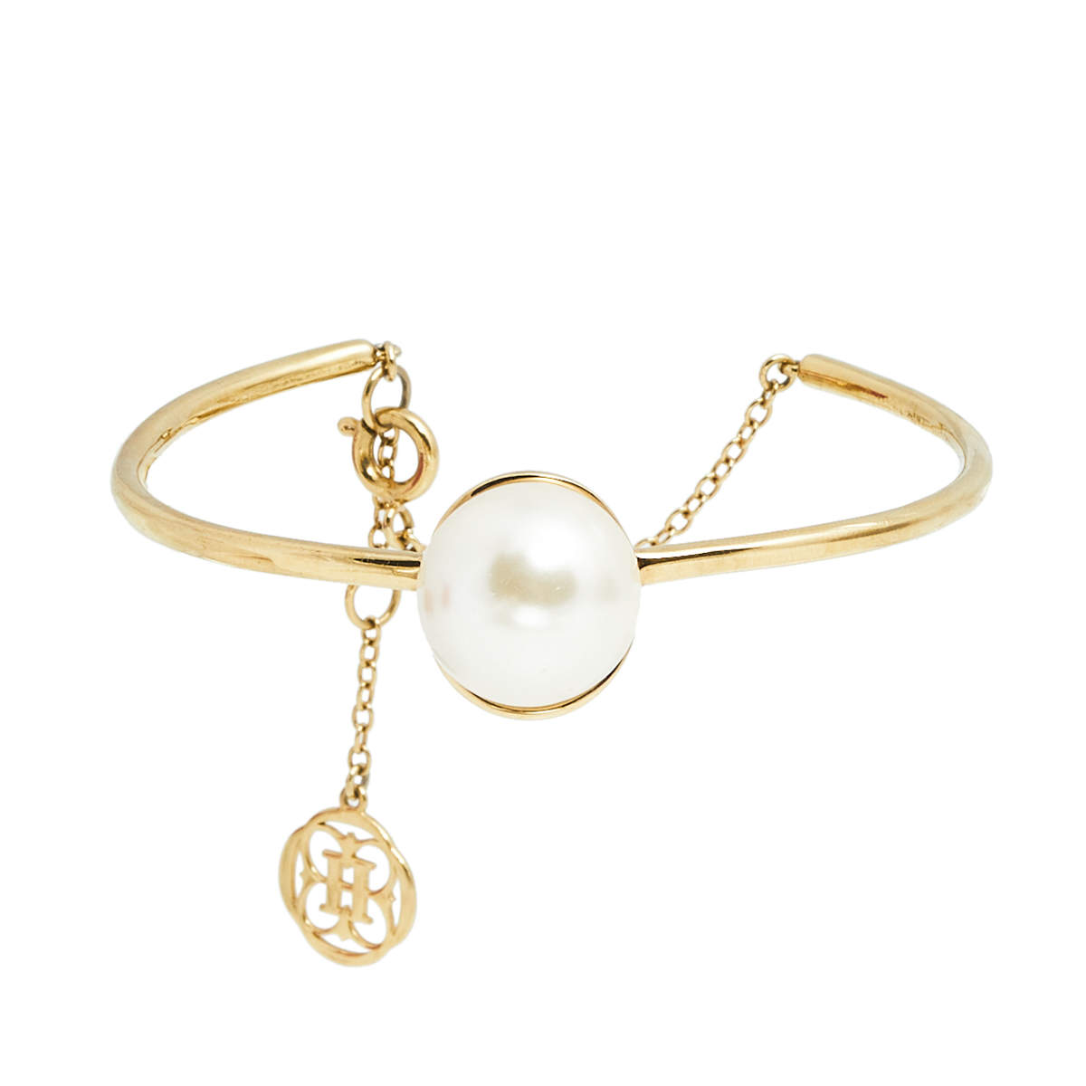 Pre Owned CH Carolina Herrera Faux Pearl Gold Tone Cuff Bracelet