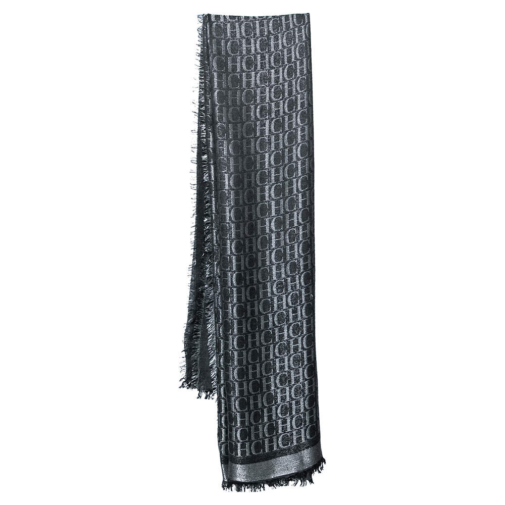 Pre Owned CH Carolina Herrera Black Lurex Logo Monogram Silk & Wool Square Scarf