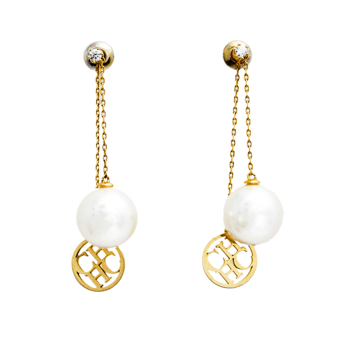 Pre Owned CH Carolina Herrera Gold Tone Logo & Pearl Drop Earrings
