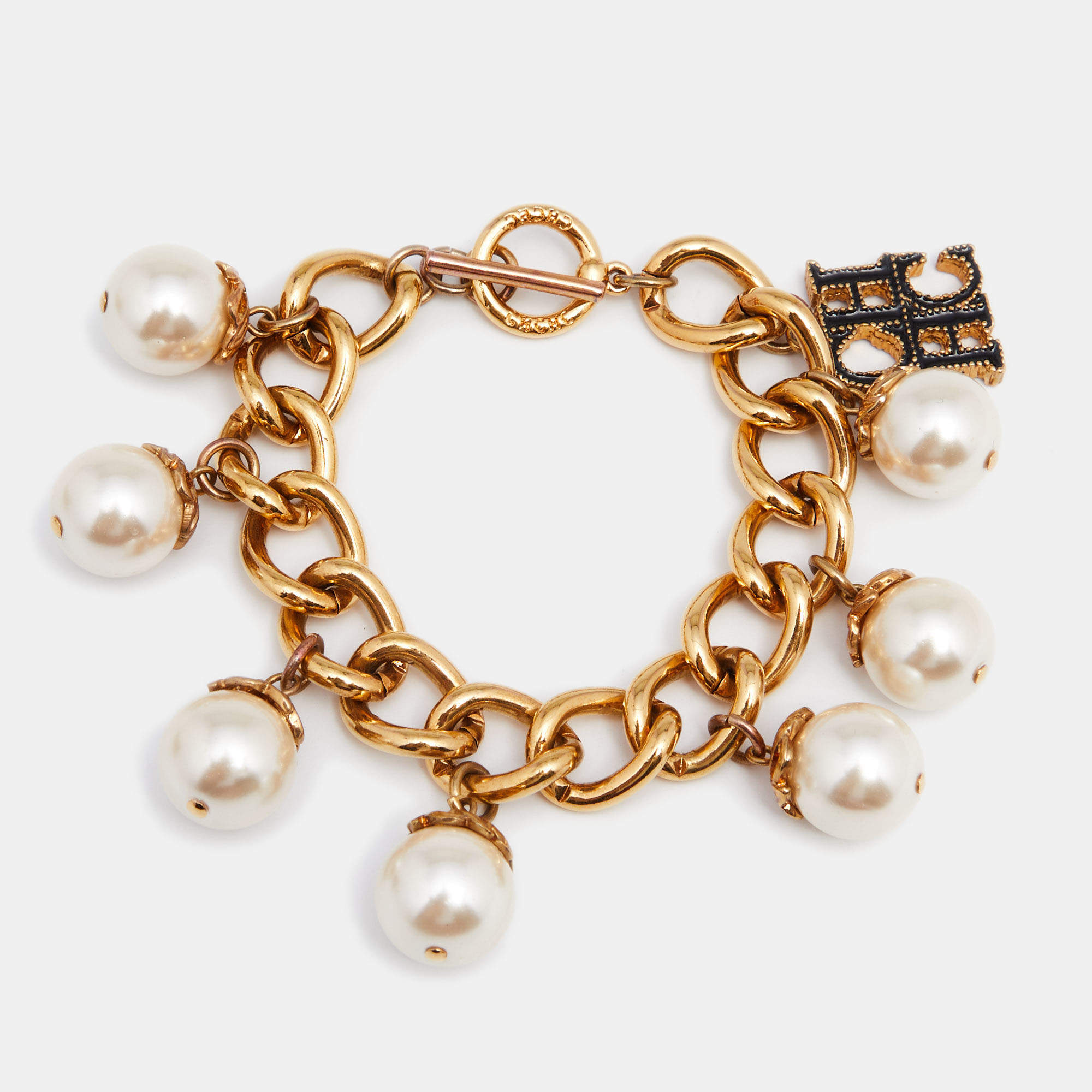Pre Owned CH Carolina Herrera Faux Pearl Gold Tone Toggle Bracelet
