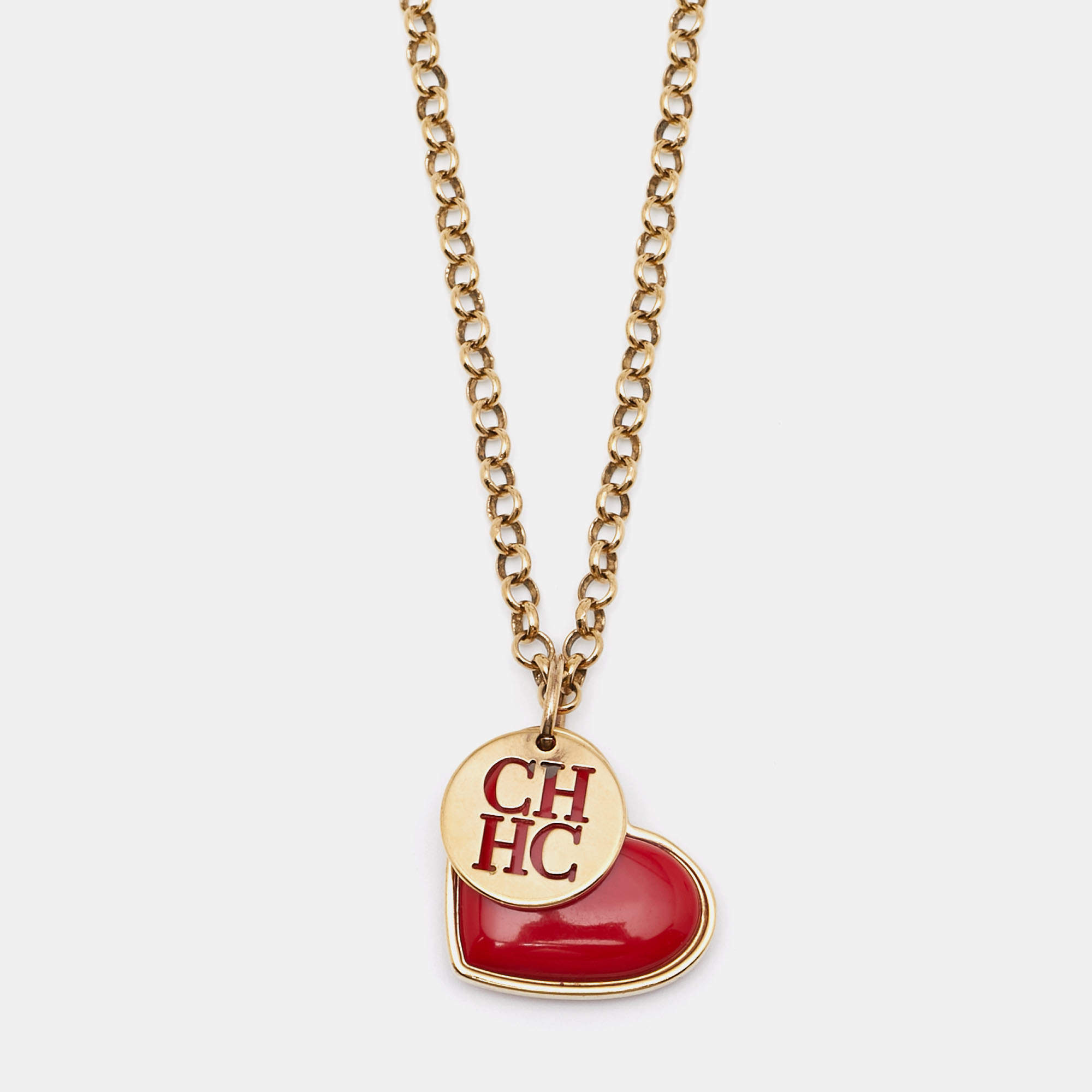 Pre Owned CH Carolina Herrera Gold Tone Red Enamel Heart Pendant Necklace