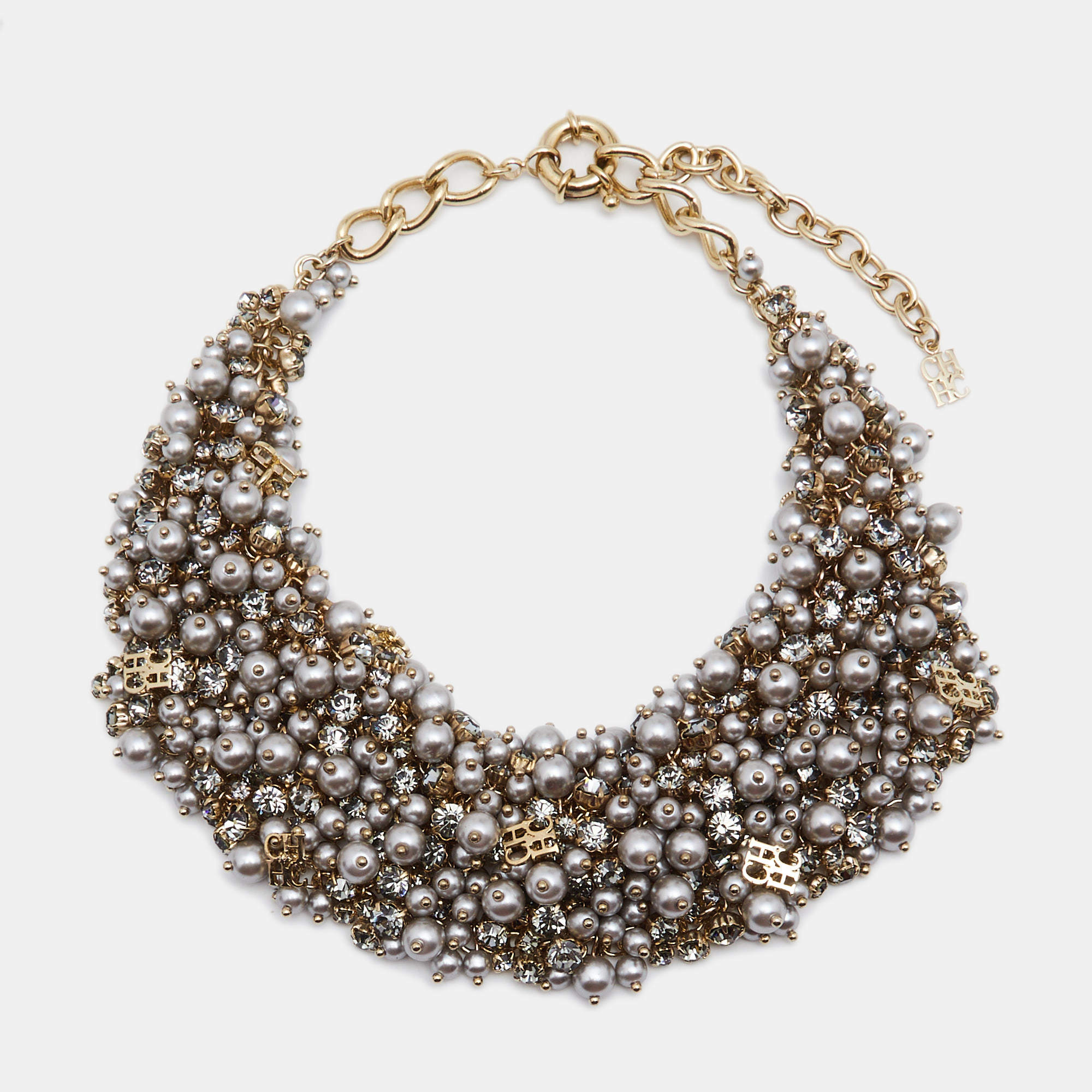 Pre Owned CH  Carolina Herrera CH Grey Faux Pearl Crystal Gold Tone Necklace