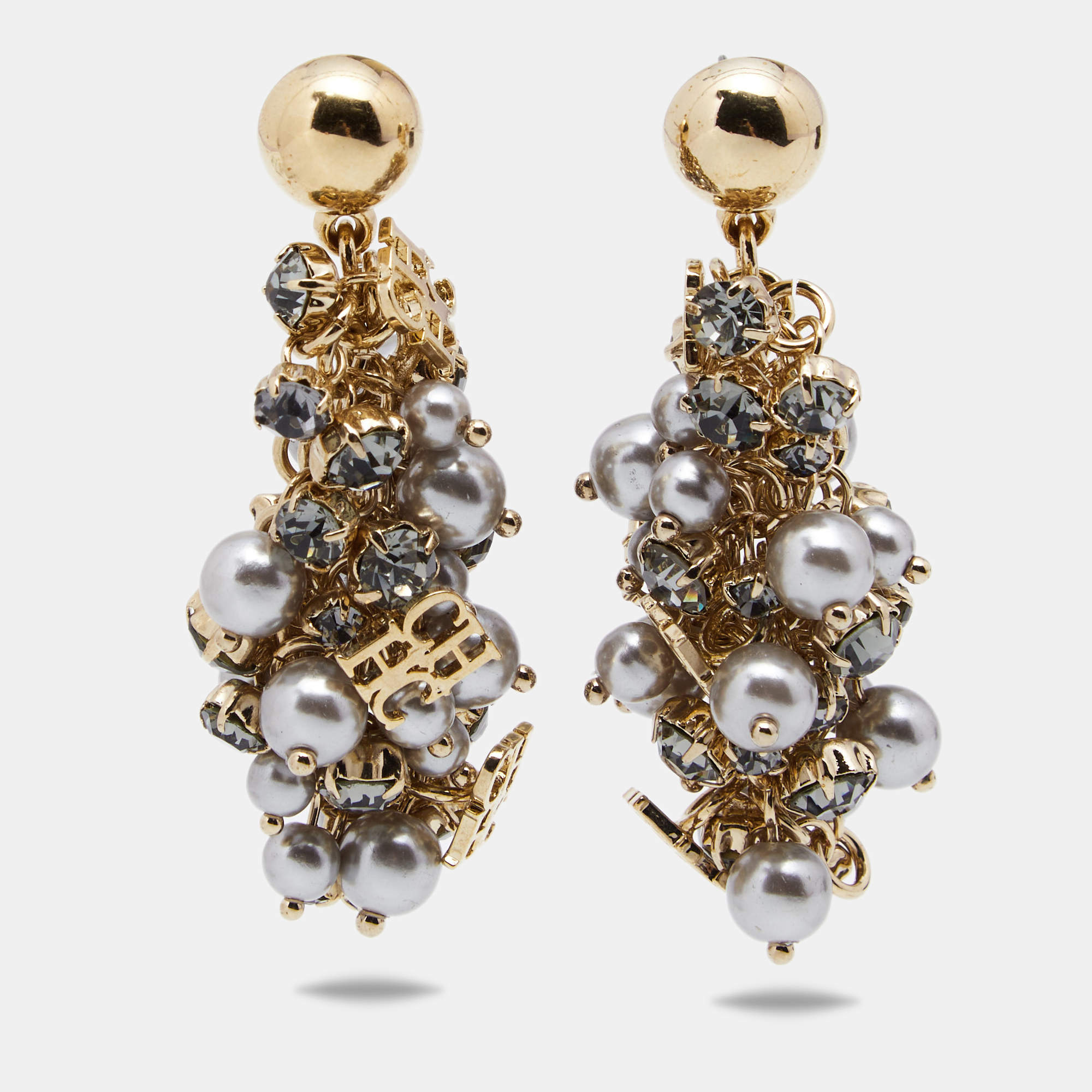 Pre Owned  CH Carolina Herrera CH Grey Faux Pearl Crystal Gold Tone Metal Dangle Earrings