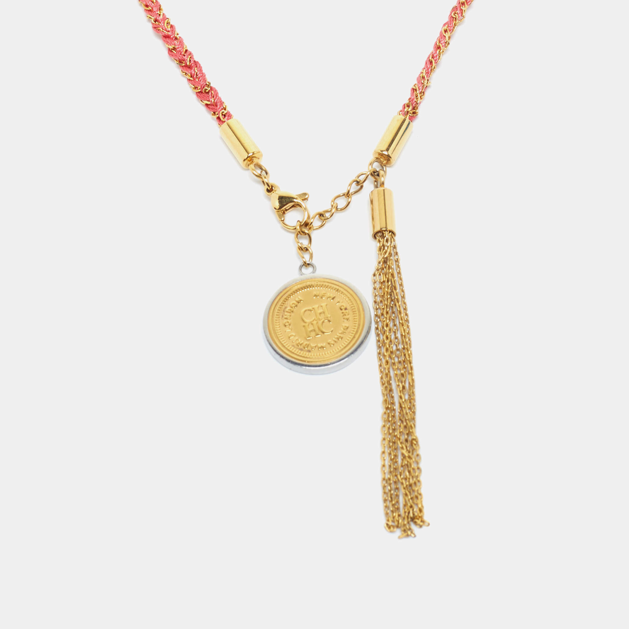Carolina Herrera Gold Tone Braided Medallion Pendant Tassle Necklace