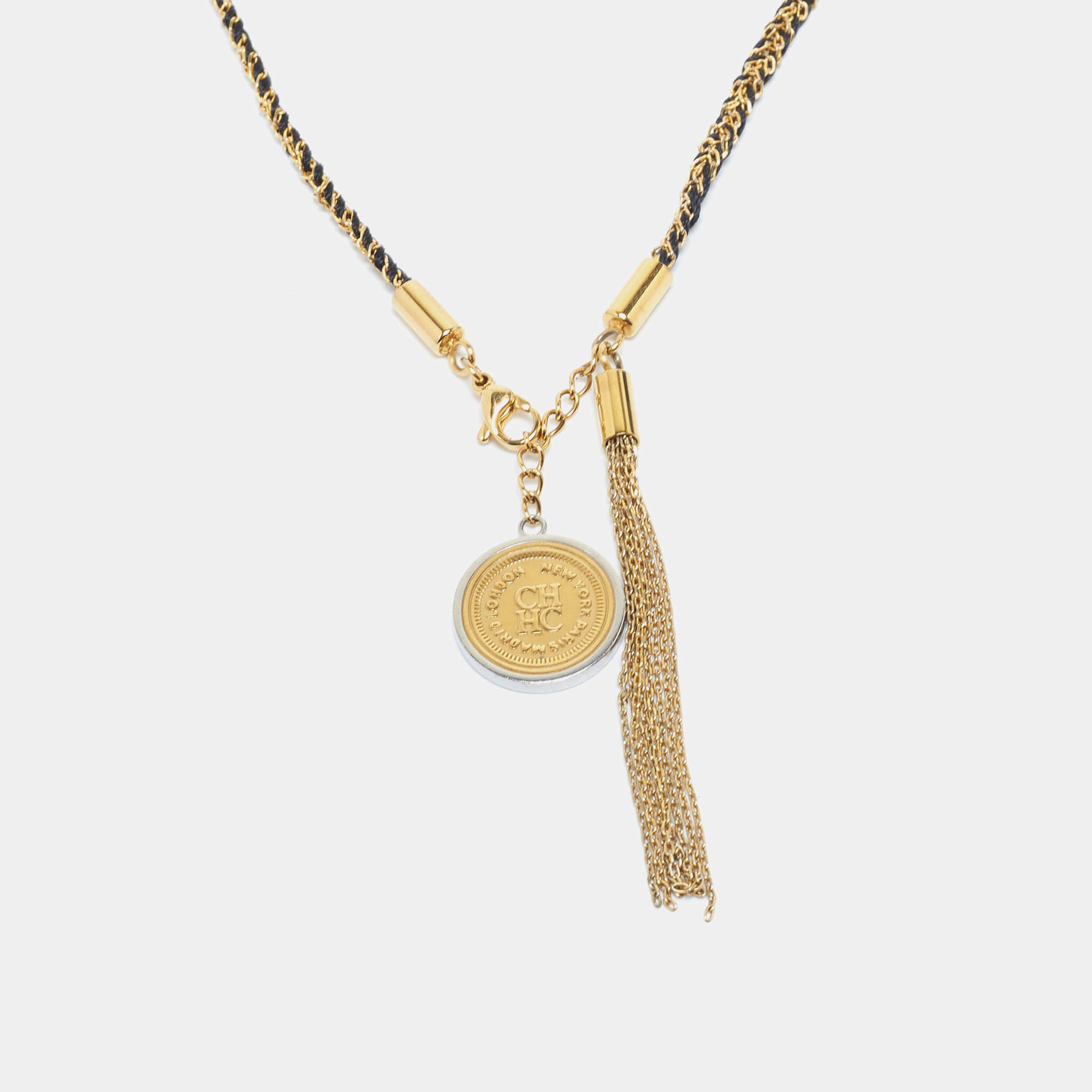 Pre Owned Carolina Herrera Black Braided Two Tone Medallion Pendant Necklace