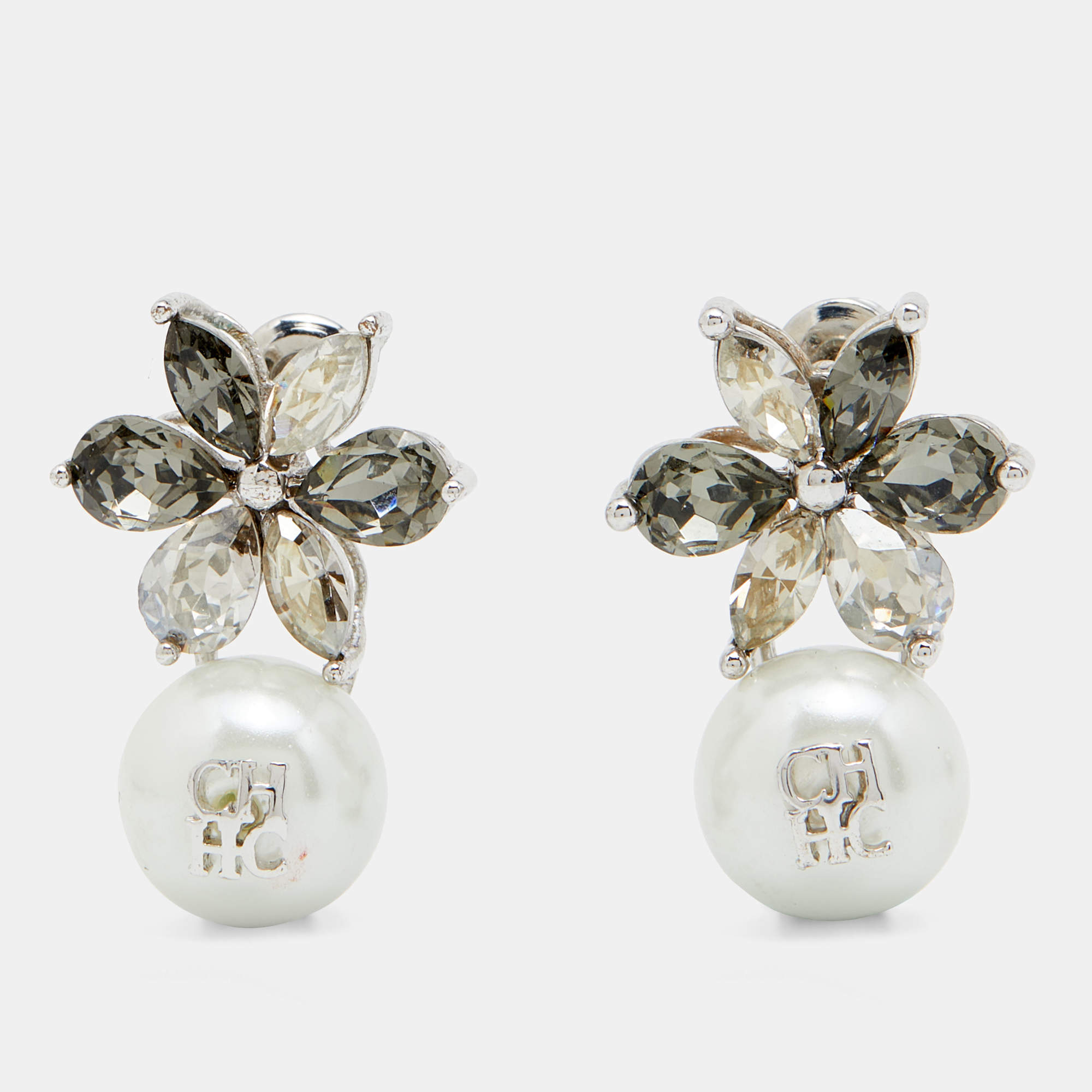 Pre Owned CH Carolina Herrera Crystal Pearl Drop Jasmine Earrings