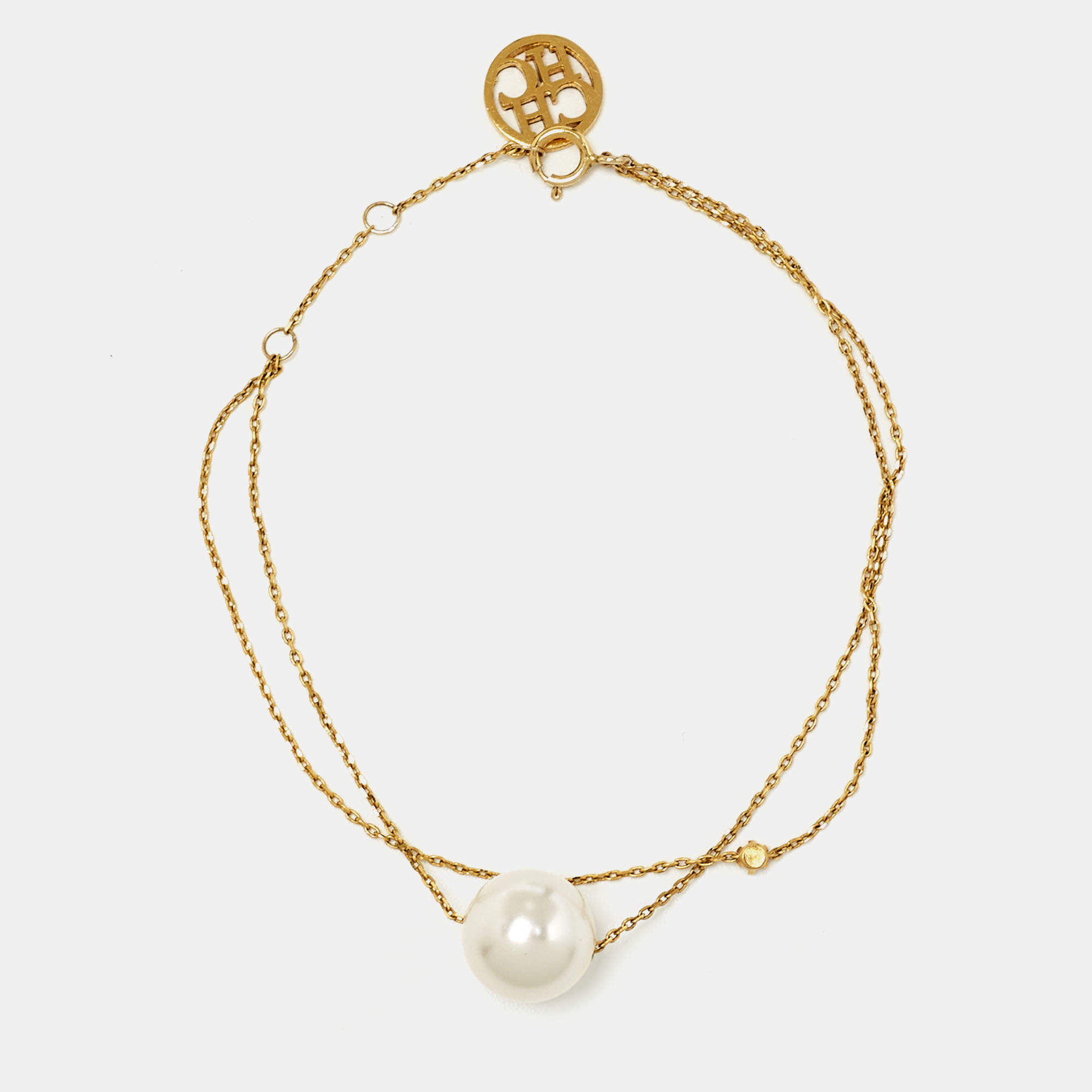 Carolina Herrera Crystal Faux Pearl Gold Tone Sterling Silver Bracelet