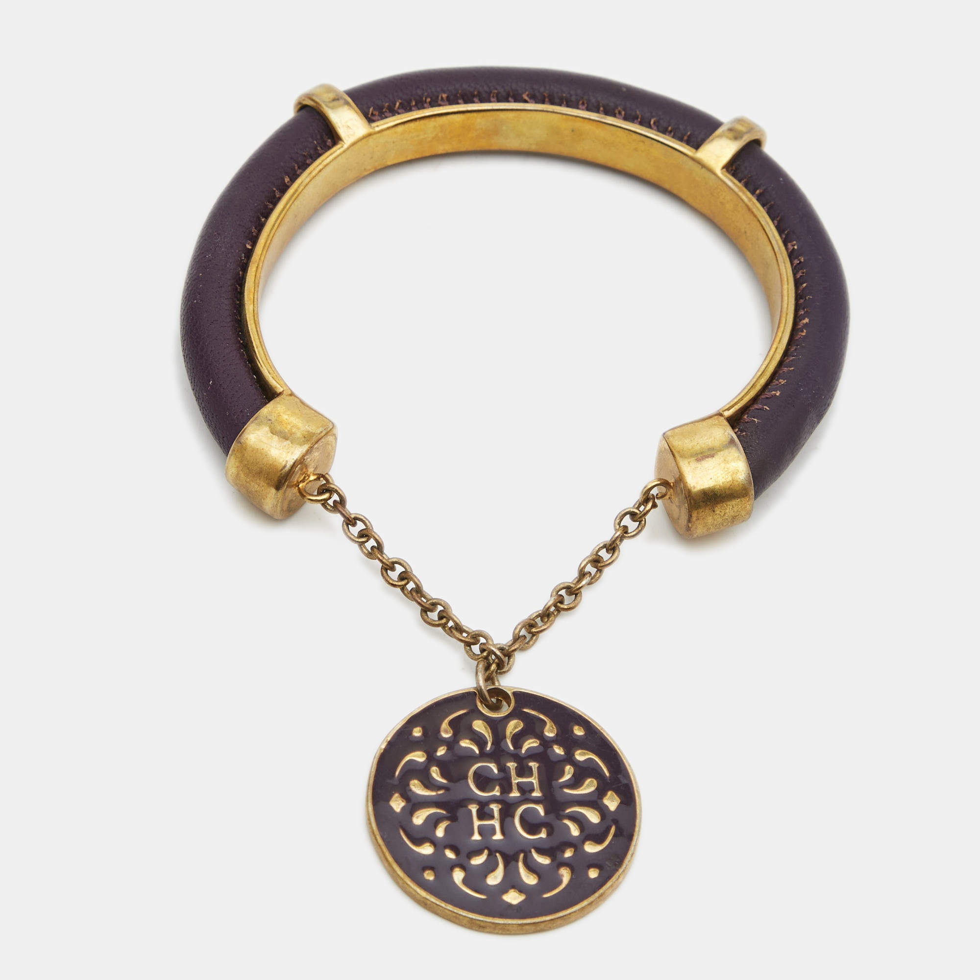 Pre Owned Carolina Herrera CH Leather Gold Tone Bracelet