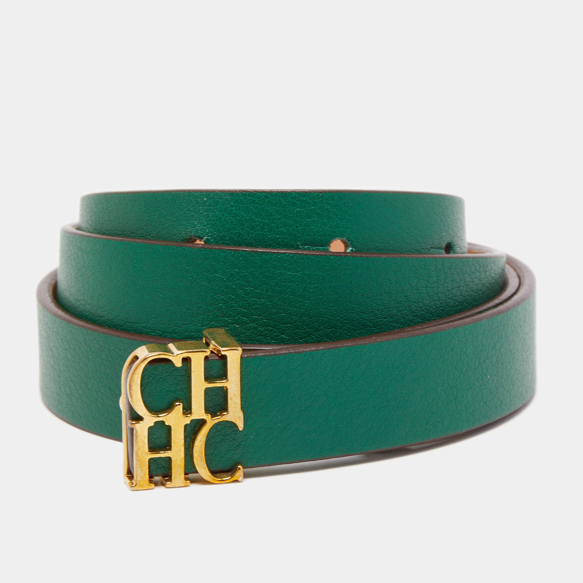 Pre Owned CH Carolina Herrera Green/Beige Leather CHHC Slim Belt 85CM