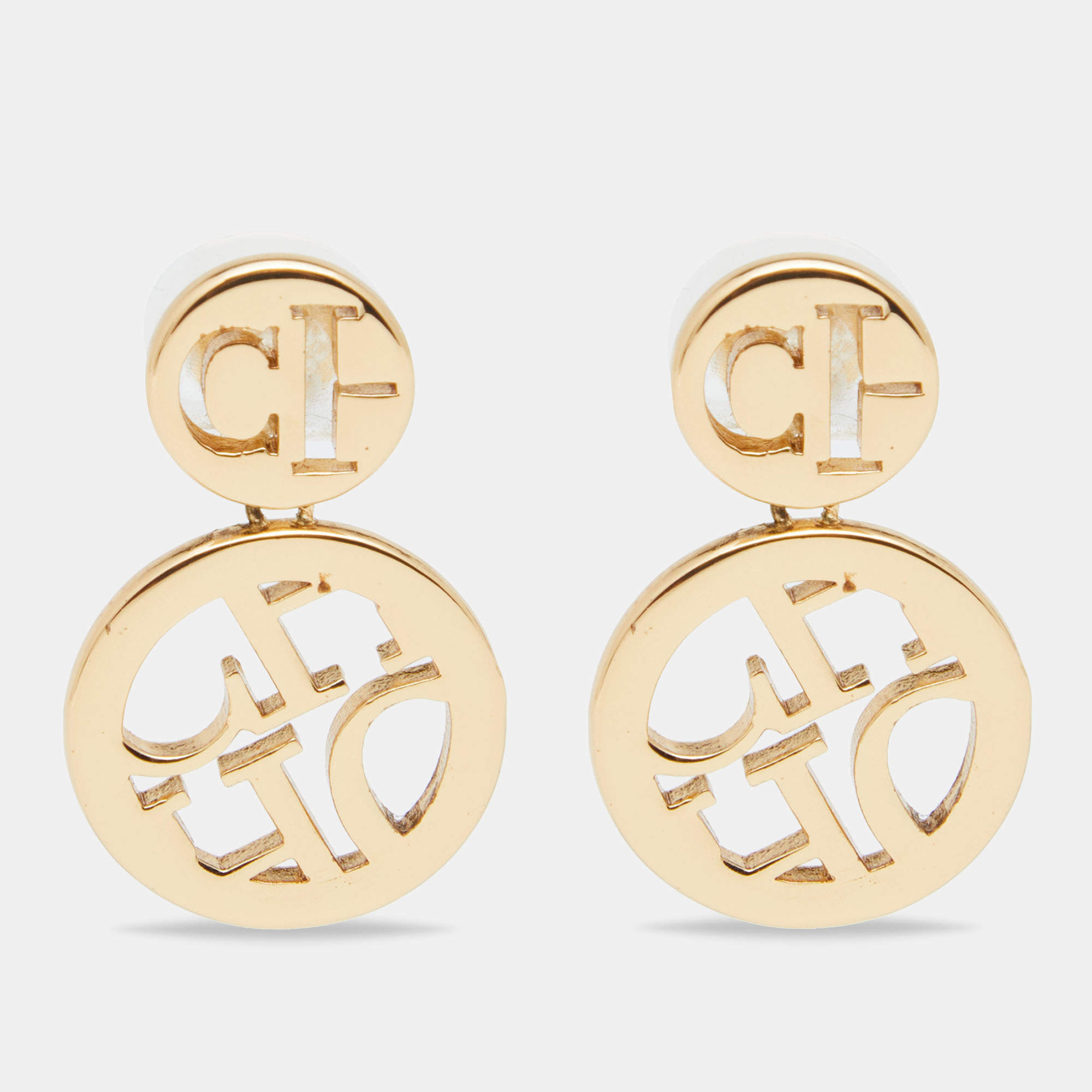 Pre Owned CH Carolina Herrera Gold Tone Logo Initials Dots Drop Earrings