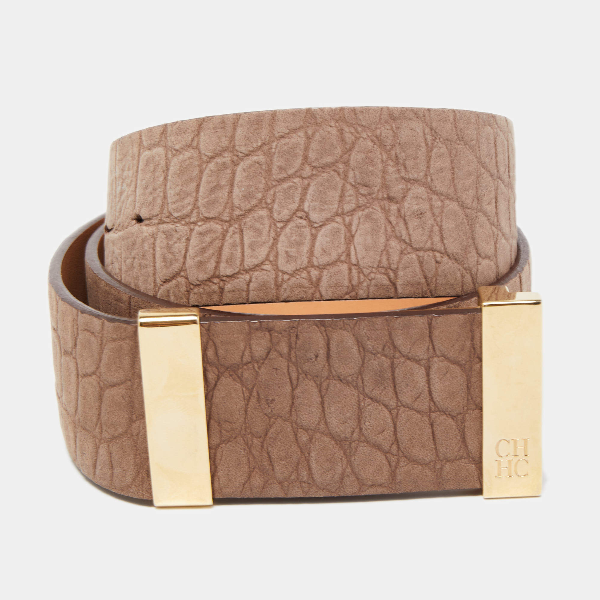 CH Carolina Herrera Beige Croc Embossed Leather Belt 80CM