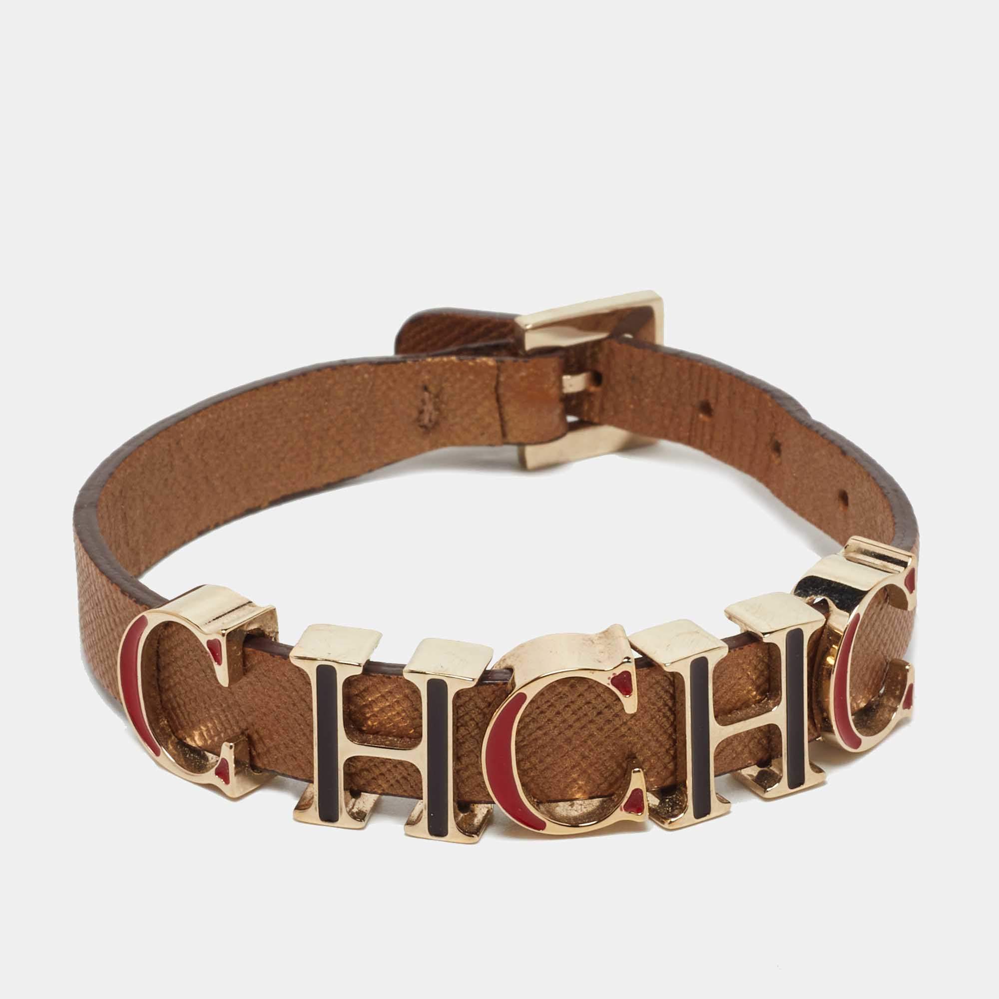 مملوكة مسبقًا CH Carolina Herrera Brown Enameled CH Logo Brown Leather Gold Tone Bracelet