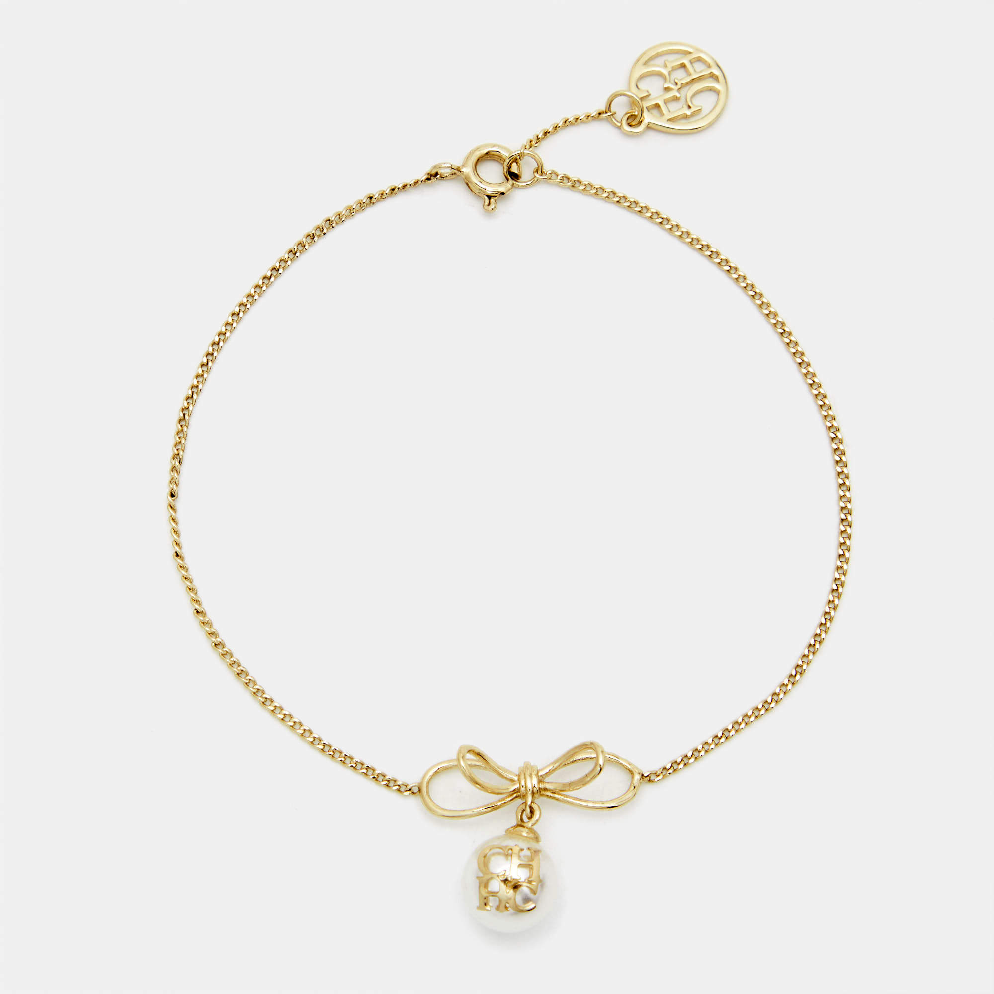 Pre Owned  Carolina Herrera CH Faux Pearl Gold Tone Bracelet