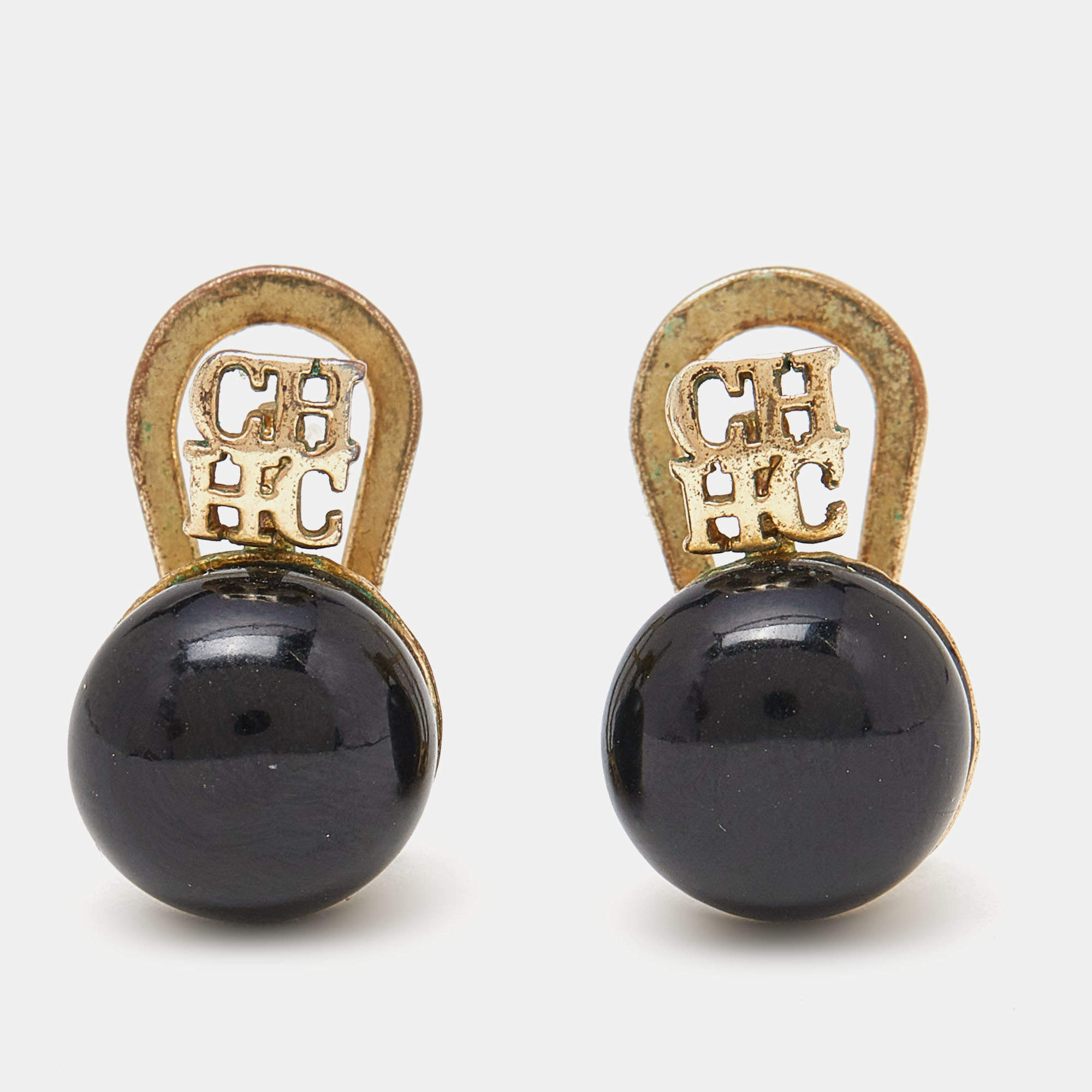 Pre Owned Carolina Herrera CH Composite Gold Tone Earrings