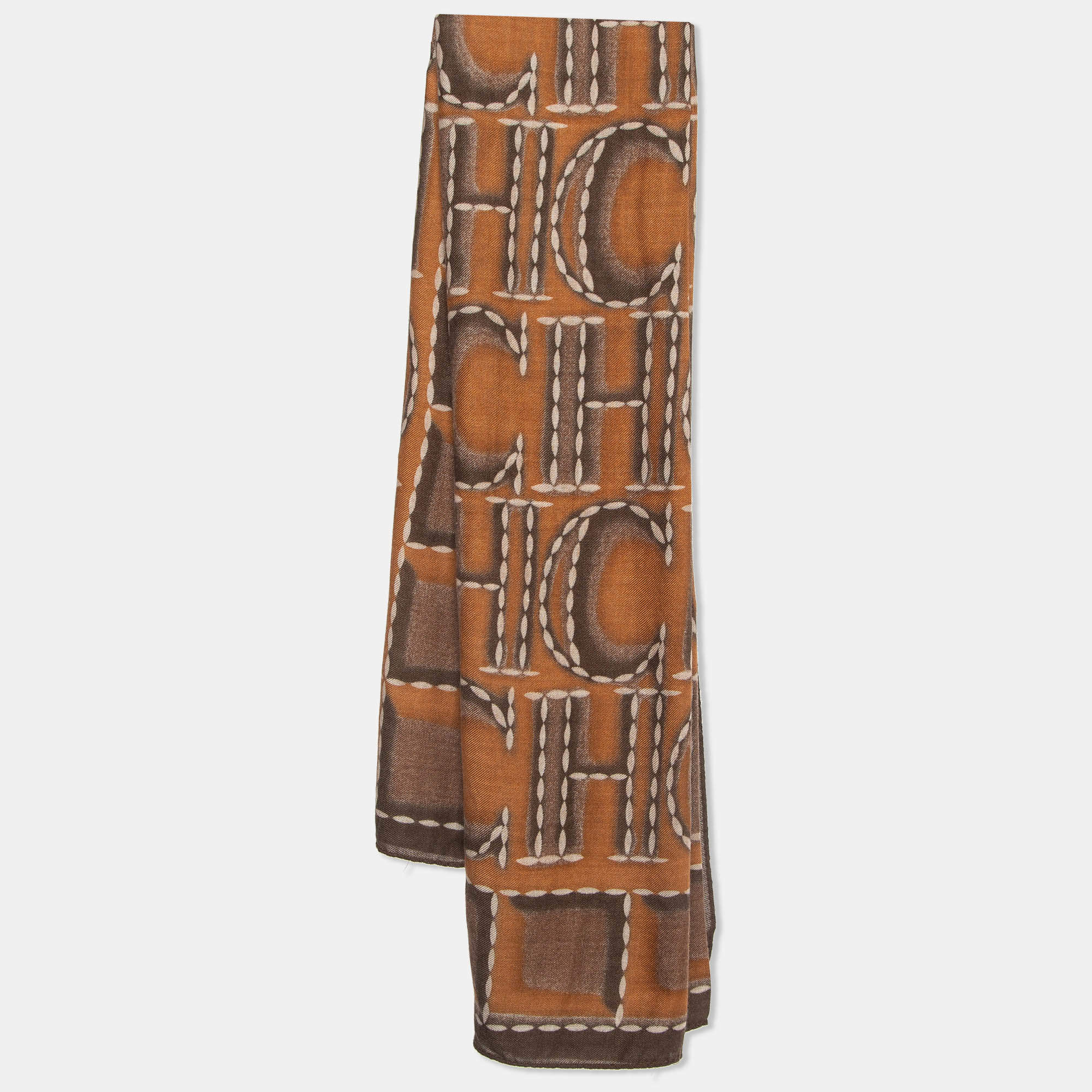 Pre Owned CH Carolina Herrera Brown Logo Print Cashmere Blend Scarf 