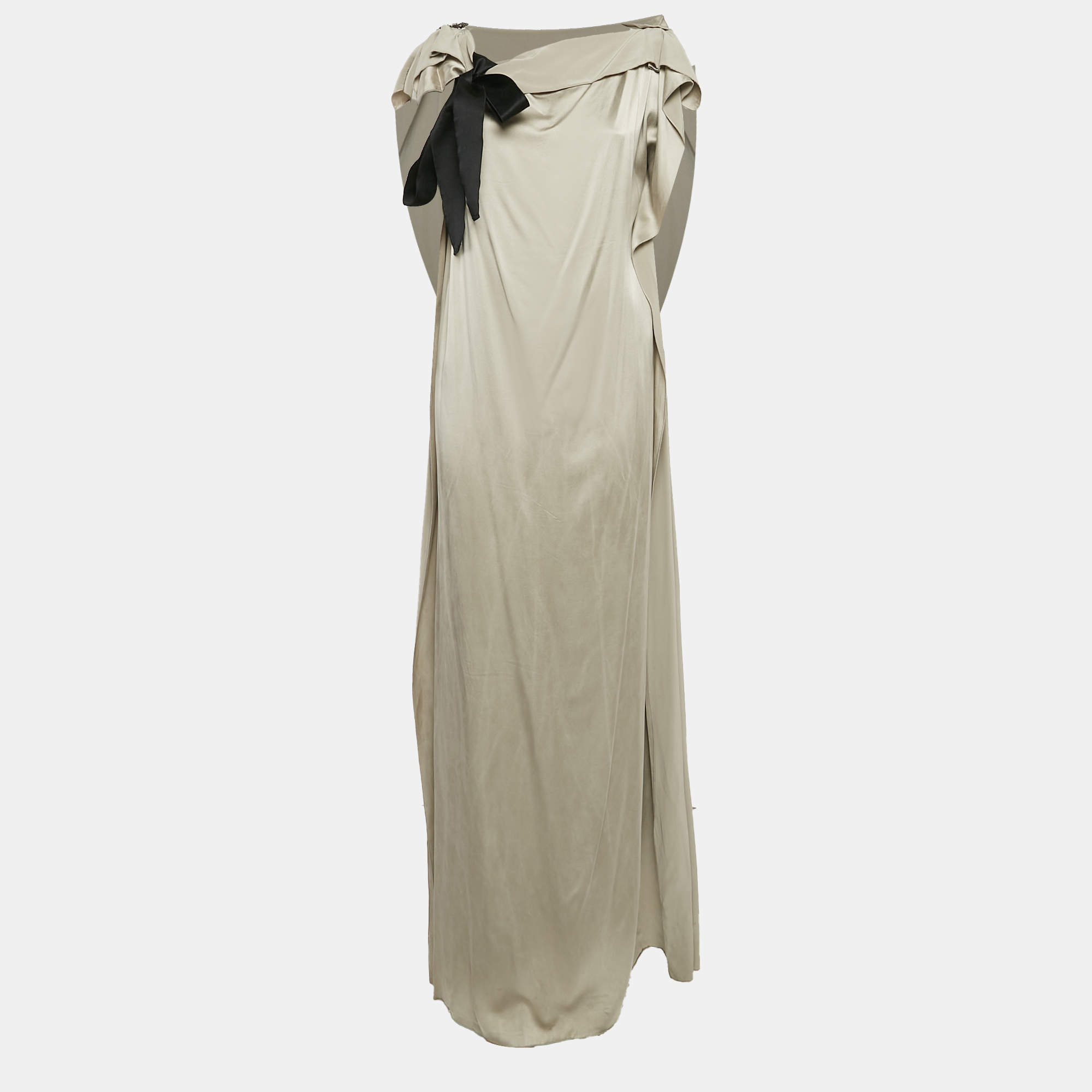Pre Owned CH Carolina Herrera Grey Satin Silk Belted Kaftan Maxi Dress M