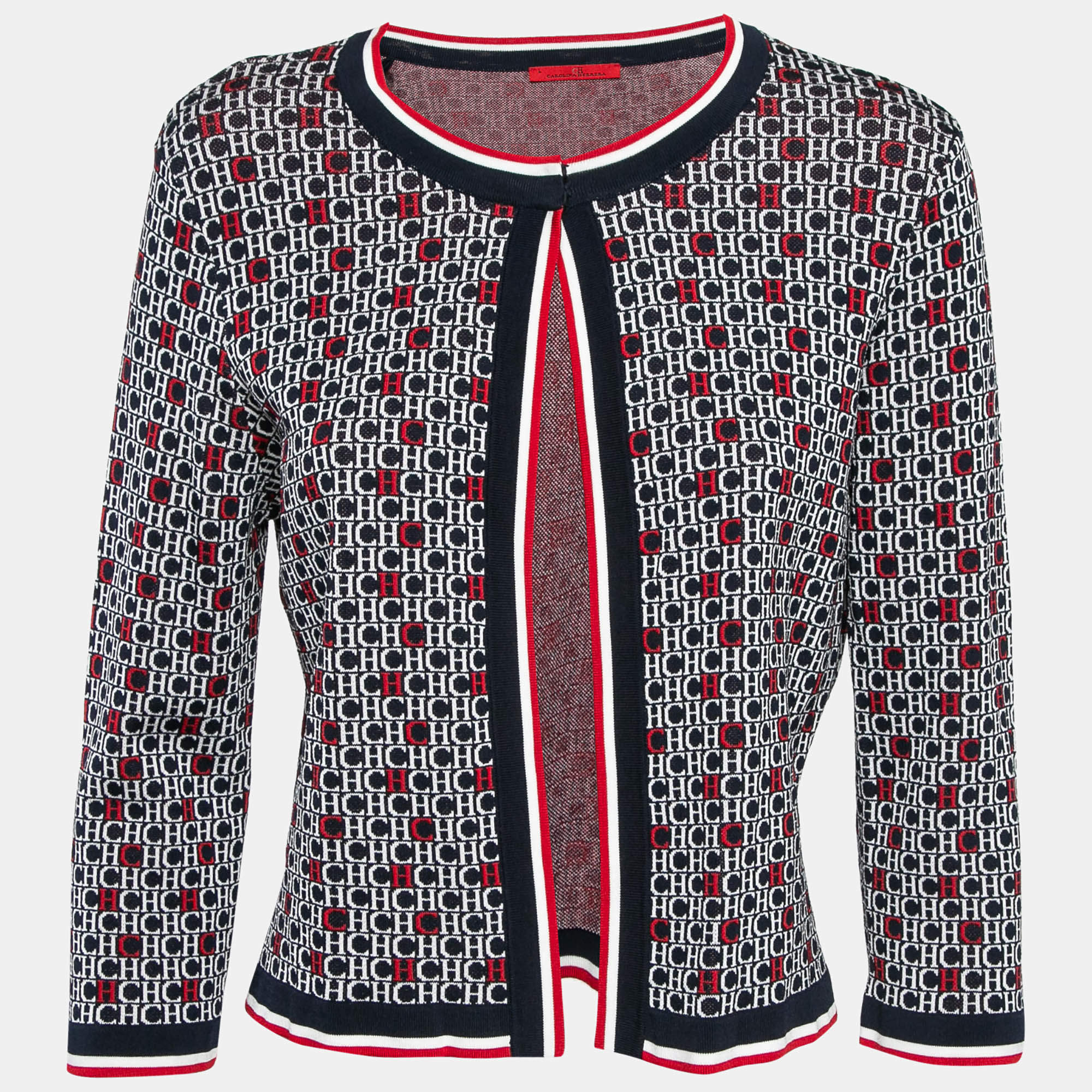 Pre Owned CH Carolina Herrera Navy Blue Monogram Knit Open Front Cardigan L