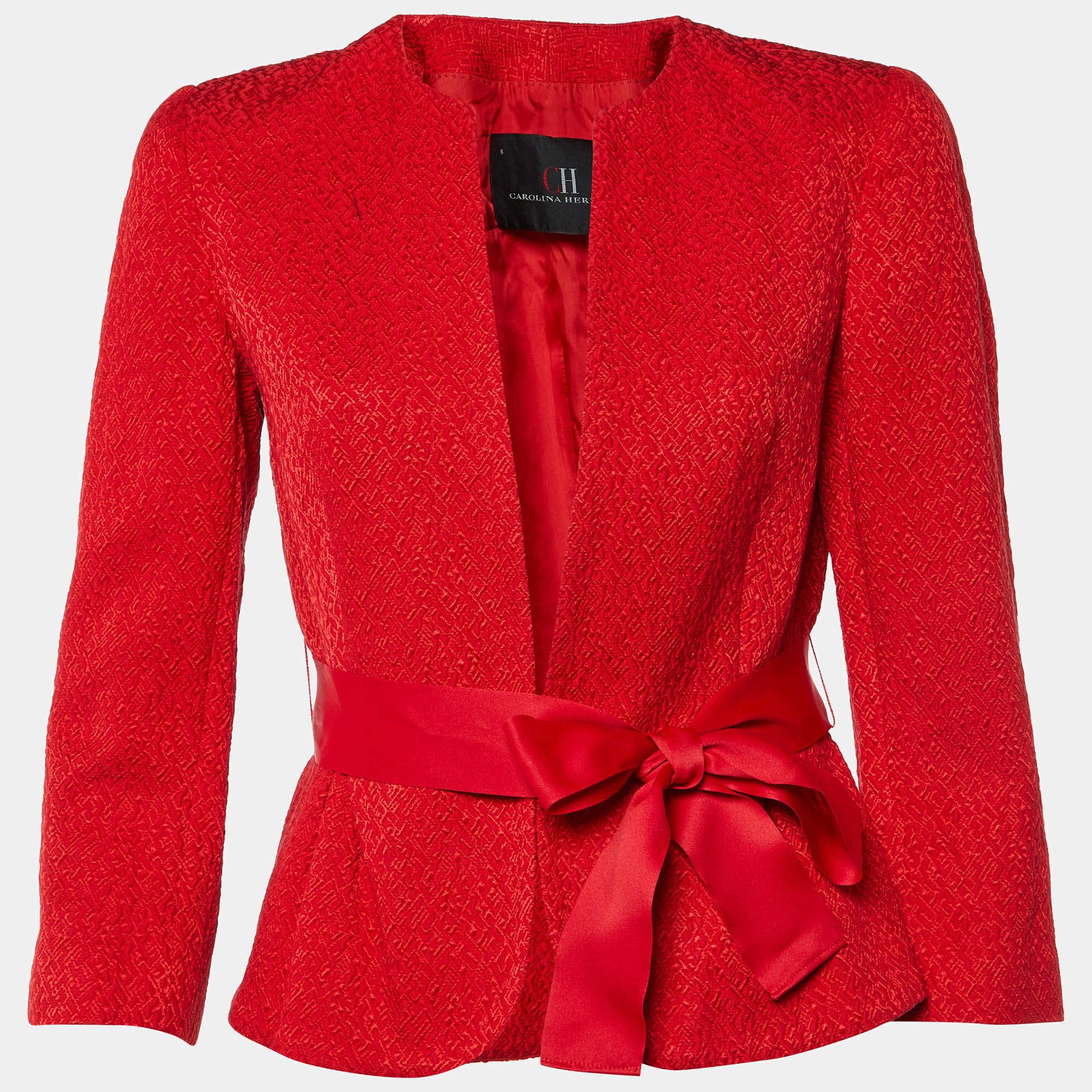 Pre Owned CH Carolina Herrera Red Embossed Jacquard Peplum Style Jacket M