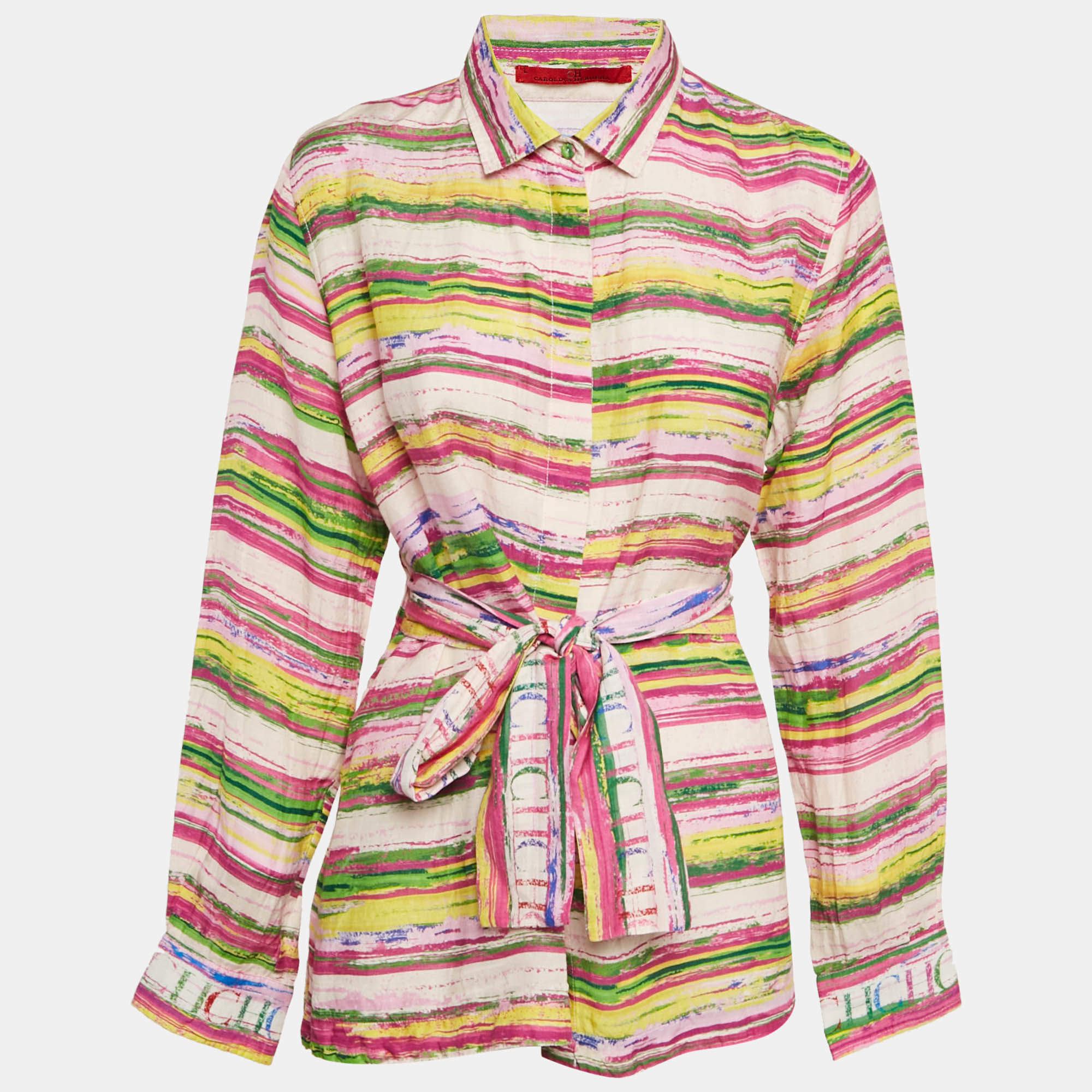 Pre Owned CH Carolina Herrera Multicolor Stripe Print Linen Blend Tunic L