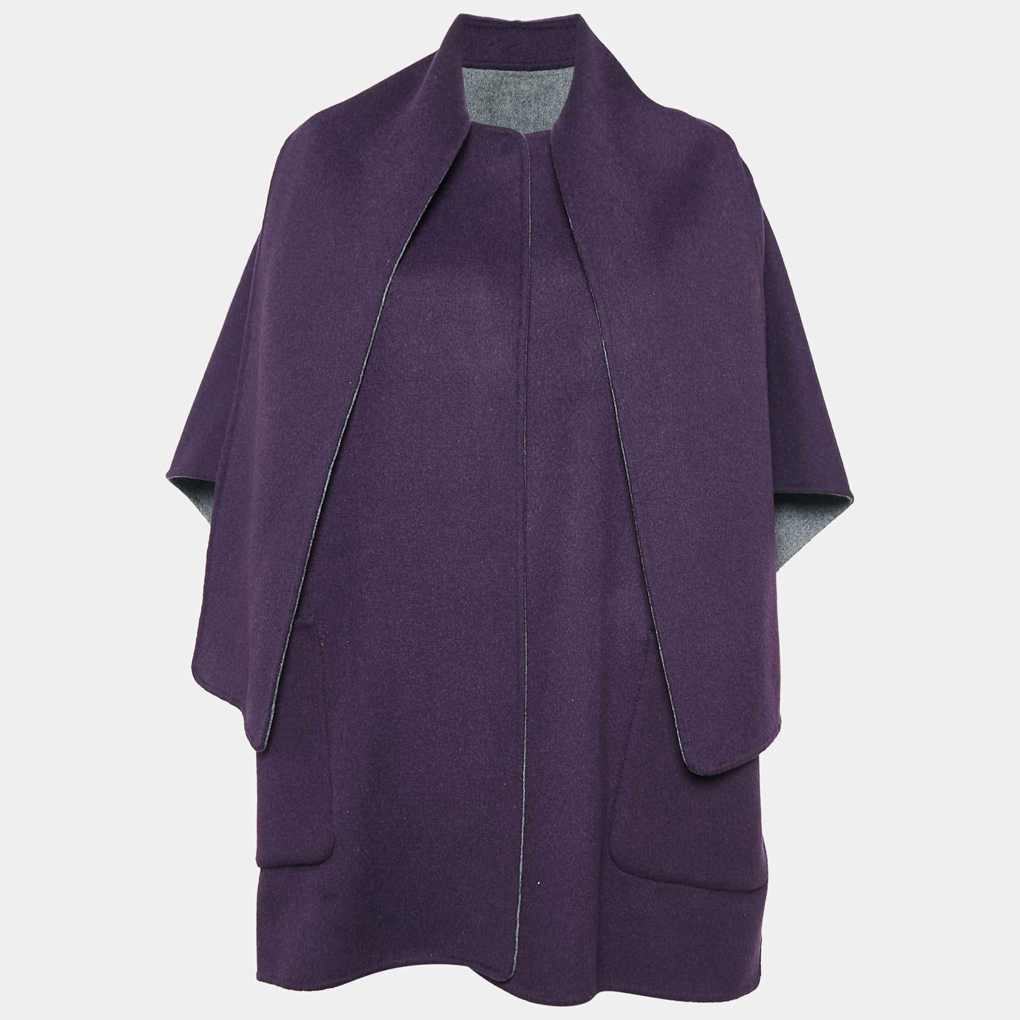 Pre Owned CH Carolina Herrera Purple/Grey Wool Reversible Mid-Length Coat XS