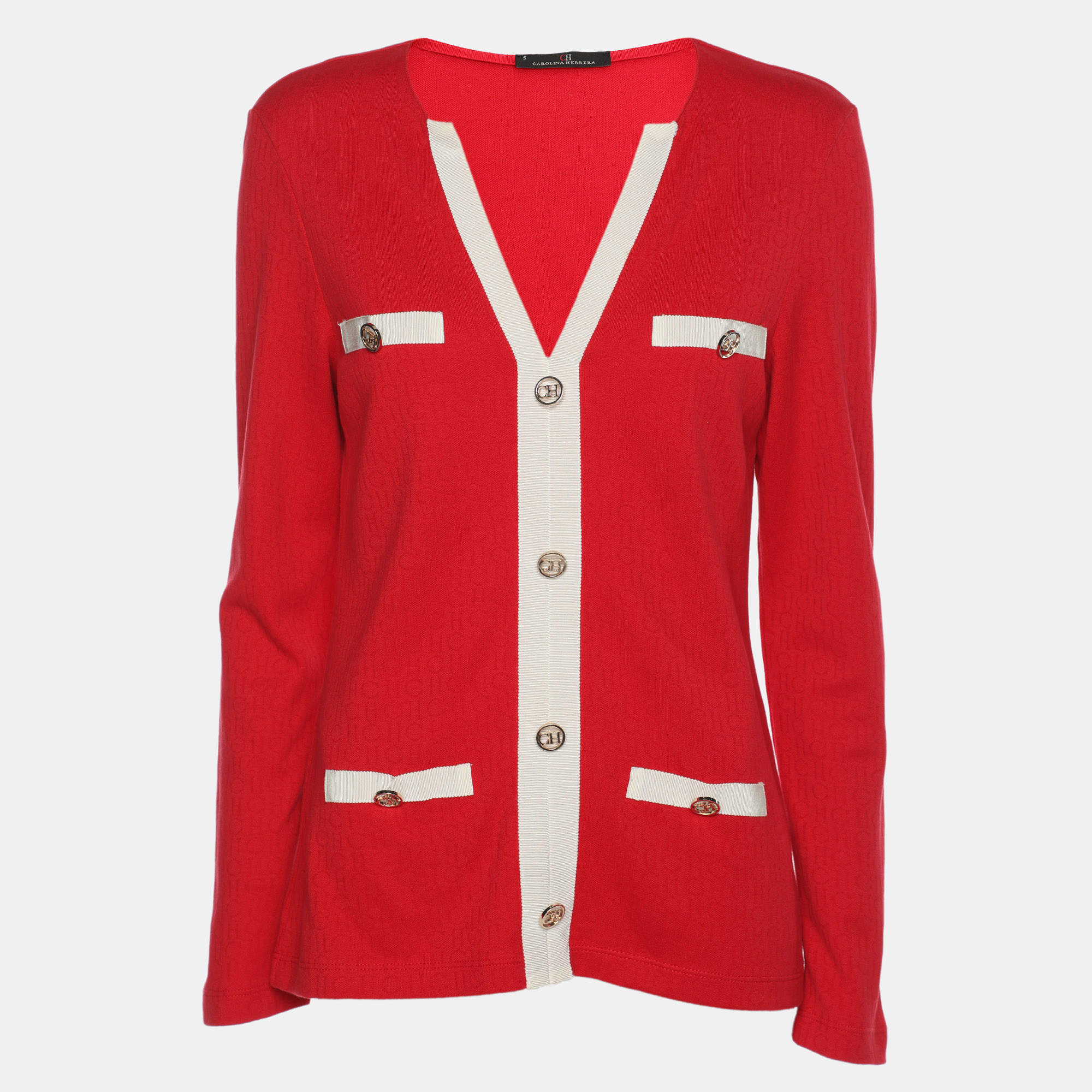 Pre Owned CH Carolina Herrera Red Cotton Colorblock Pattern V-Neck Top S