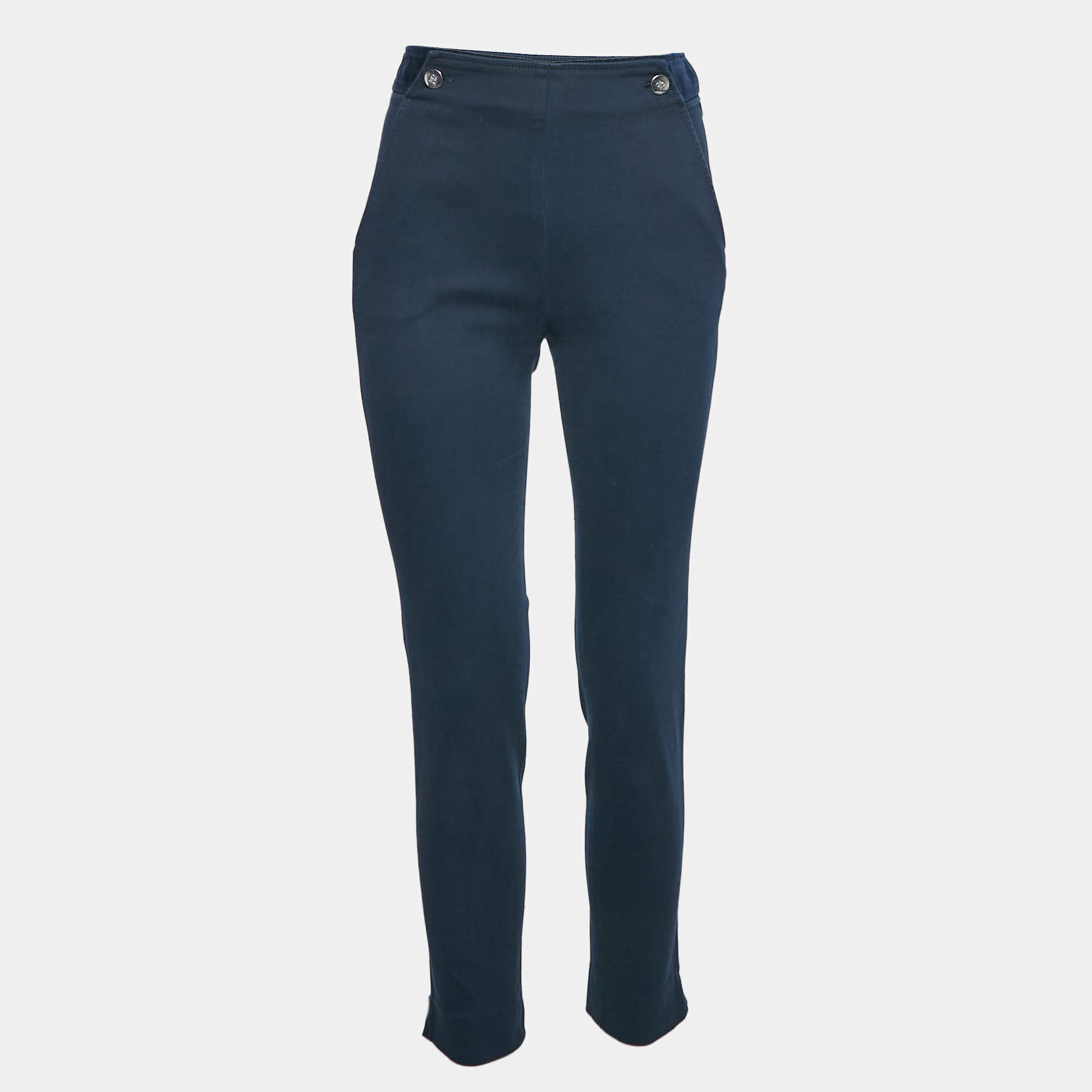 CH Carolina Herrera Navy Blue Gabardine Cotton Pants S